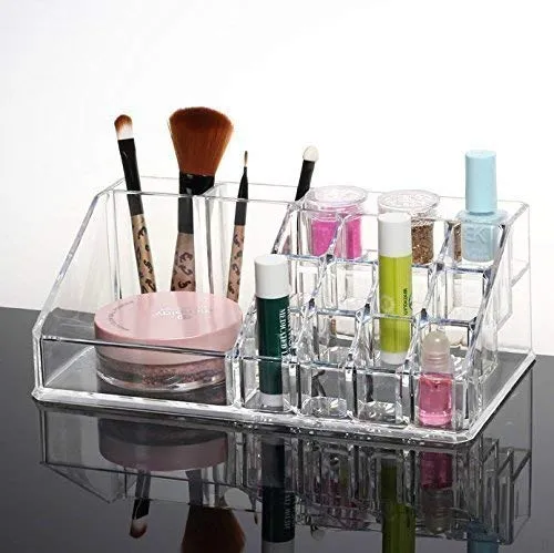 Plastic 16 Compartment Cosmetic Display Cases Makeup Lipstick Storage Organizer Holder Box Case,Transparent (22L x 12.2W x 7.5H)