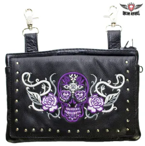 Purple & White Sugar Skull Naked Cowhide Leather Gun Holster Belt Bag with Studs