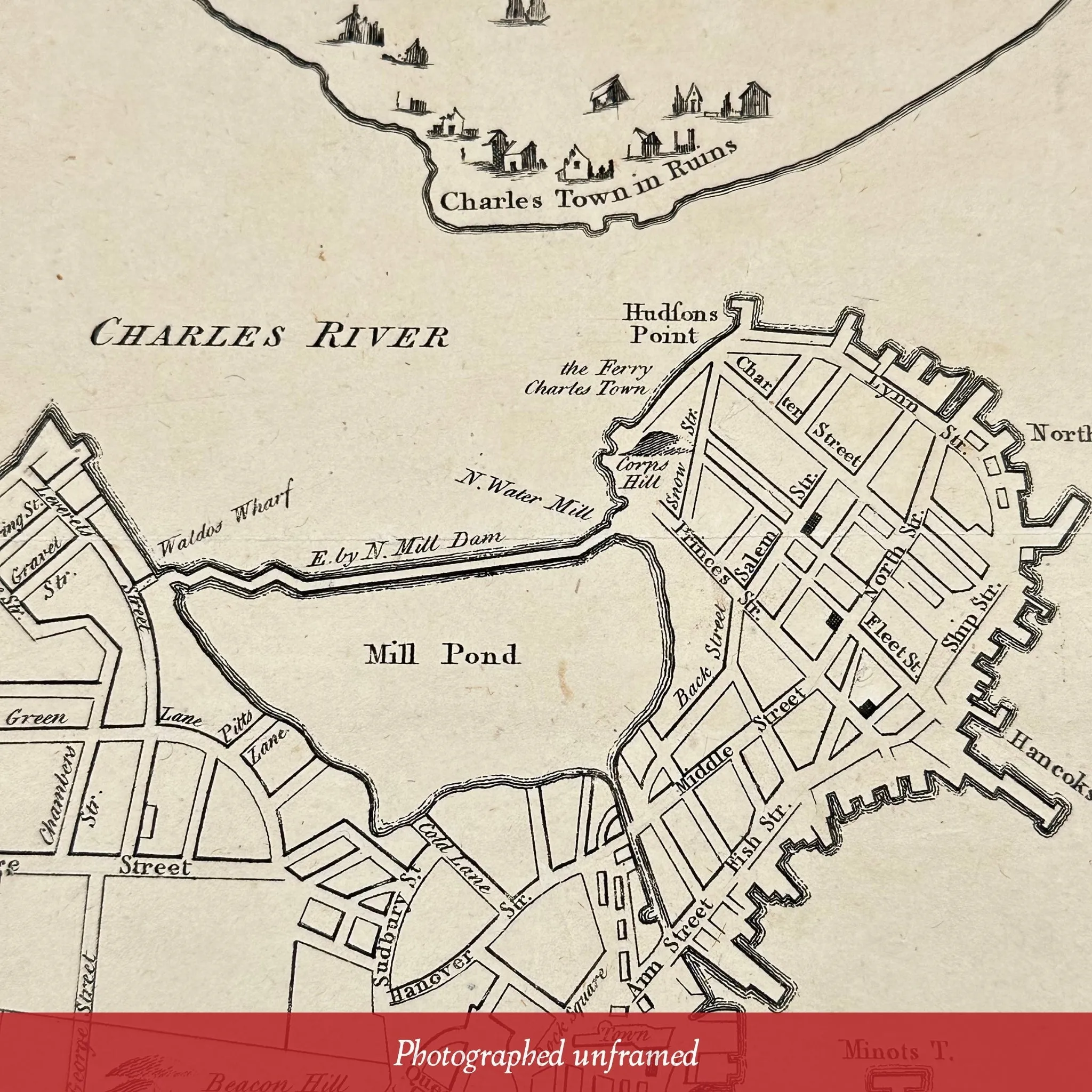 "A New and Correct Plan of the Town of Boston" from the "Gentleman's Magazine" — October 1775 — In an antique frame