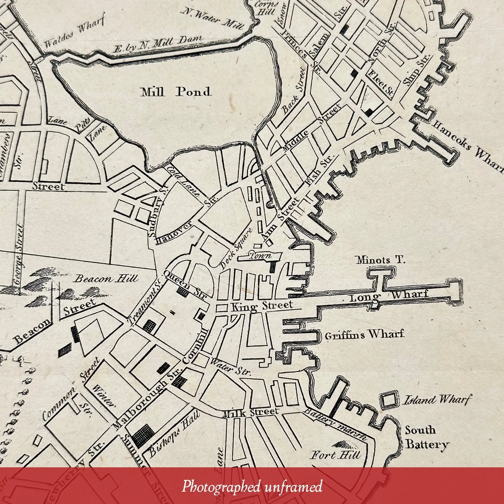 "A New and Correct Plan of the Town of Boston" from the "Gentleman's Magazine" — October 1775 — In an antique frame