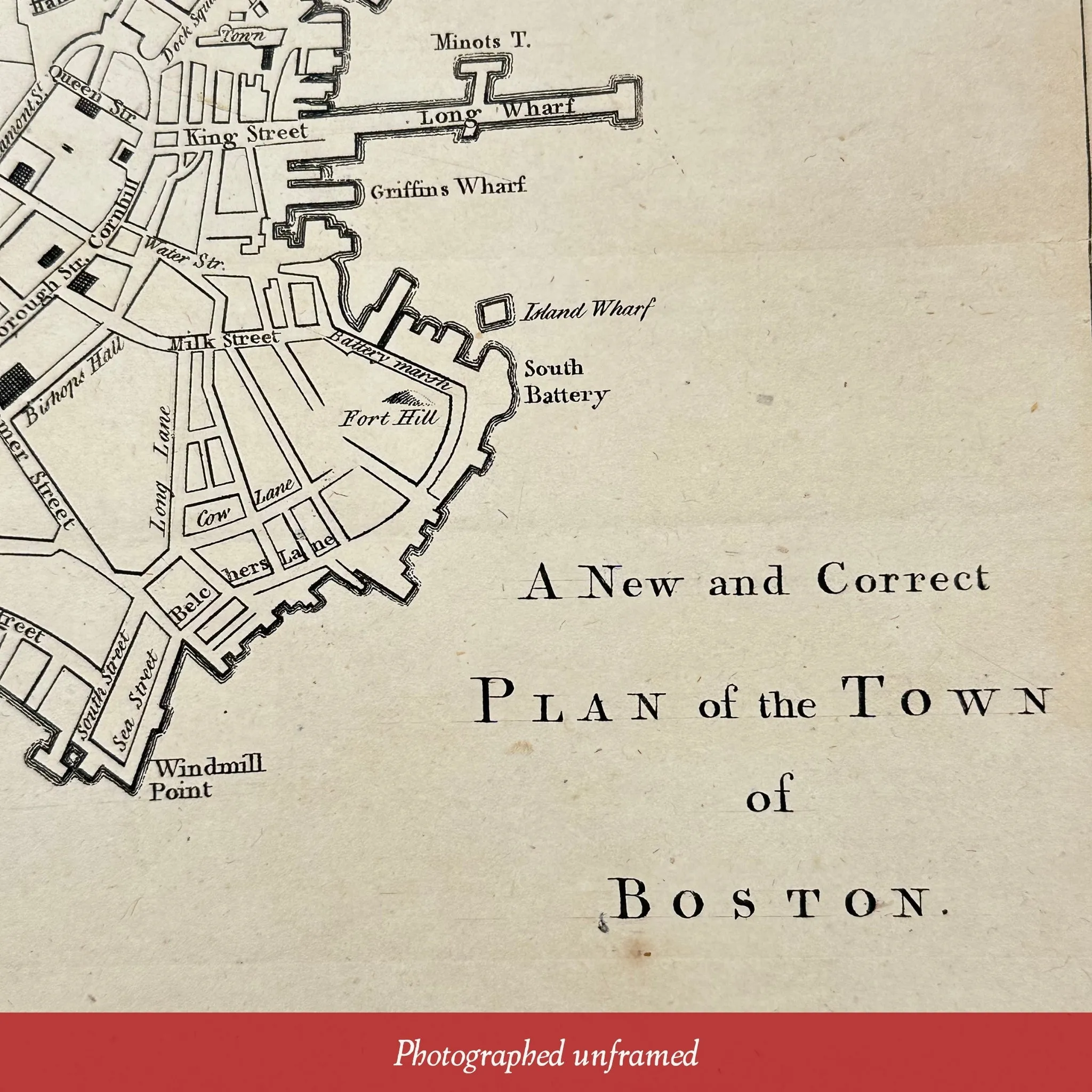 "A New and Correct Plan of the Town of Boston" from the "Gentleman's Magazine" — October 1775 — In an antique frame