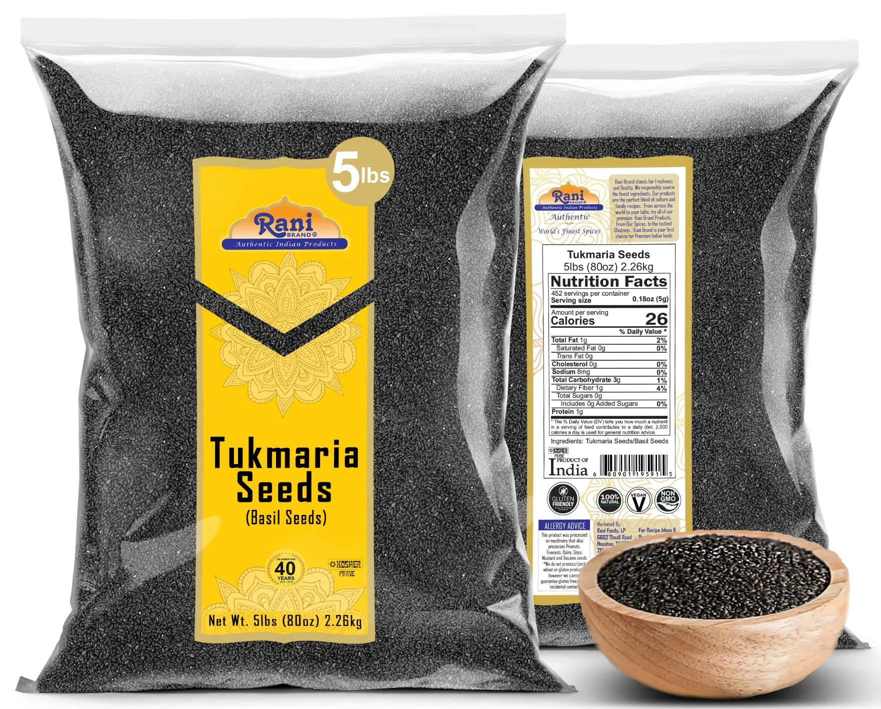 Rani Tukmaria (Holy Basil Seeds) 80oz (5lbs) 2.27kg Used for Falooda/Sabja Dessert, Spice & Ayurveda Herbal ~ All Natural | Gluten Friendly | NON-GMO | Kosher | Vegan | Indian Origin