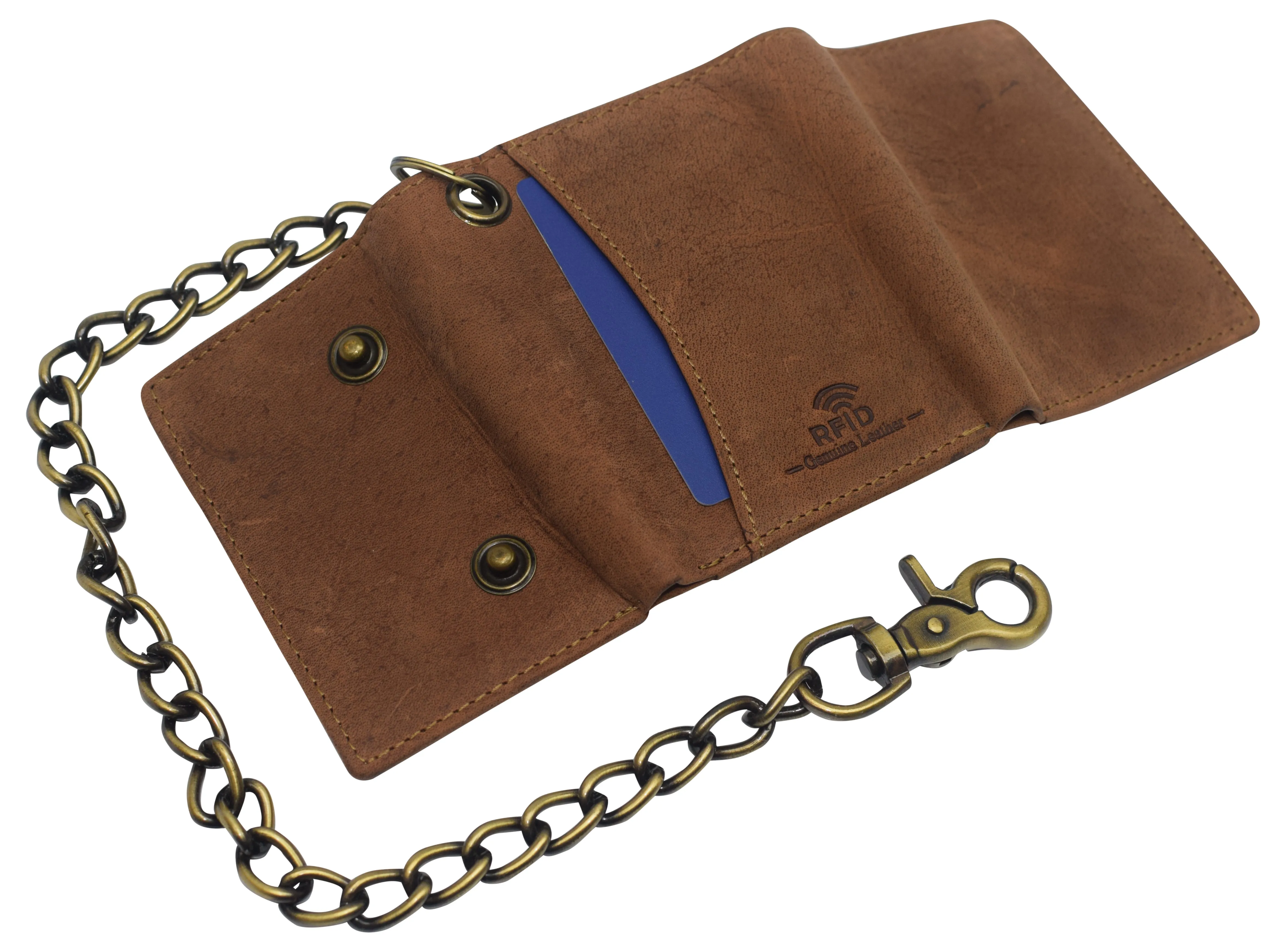 RFID0946HTC Men's RFID Blocking Trifold Vintage Leather Biker Chain Wallet With Snap Closure