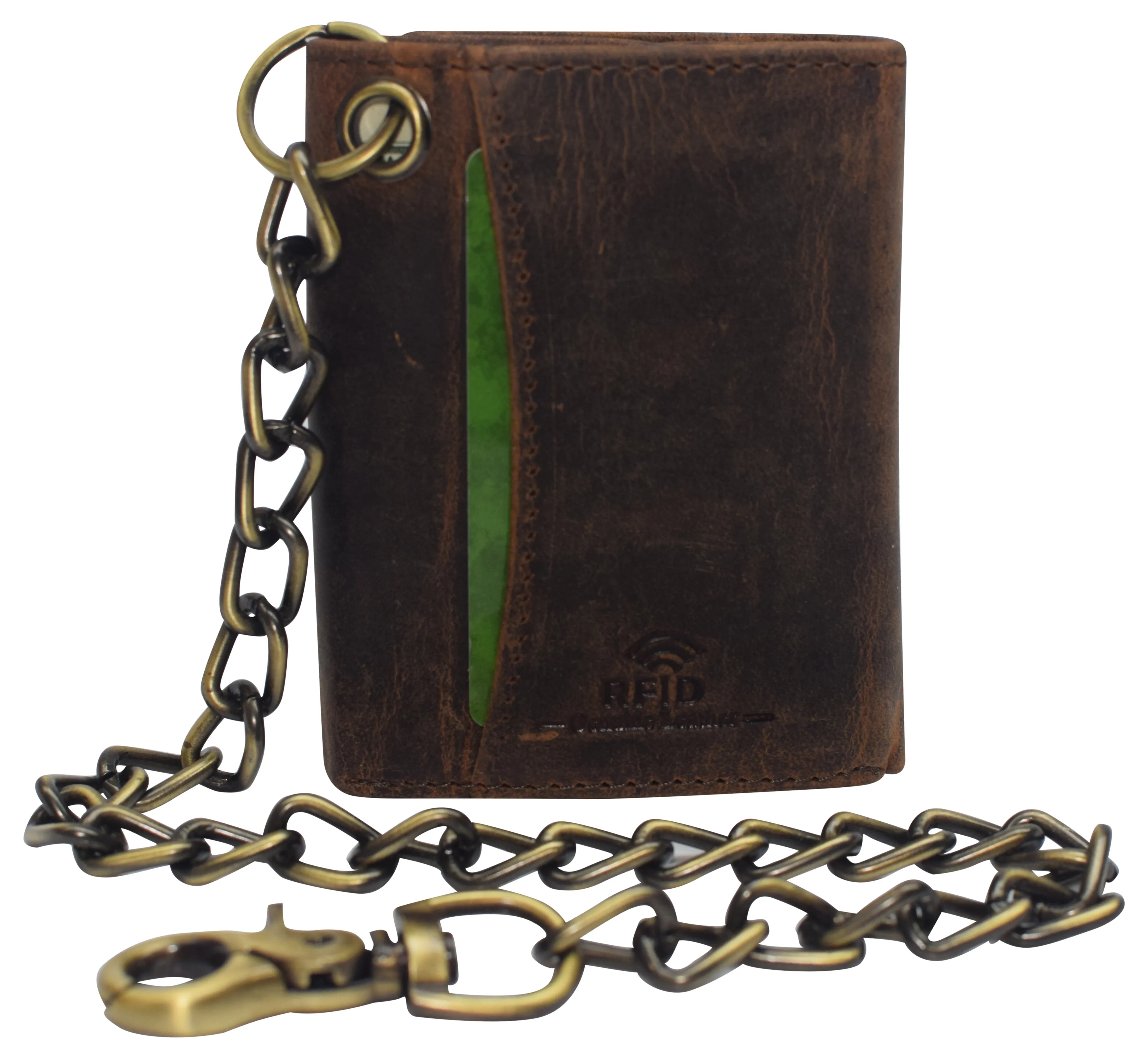 RFID0946HTC Men's RFID Blocking Trifold Vintage Leather Biker Chain Wallet With Snap Closure