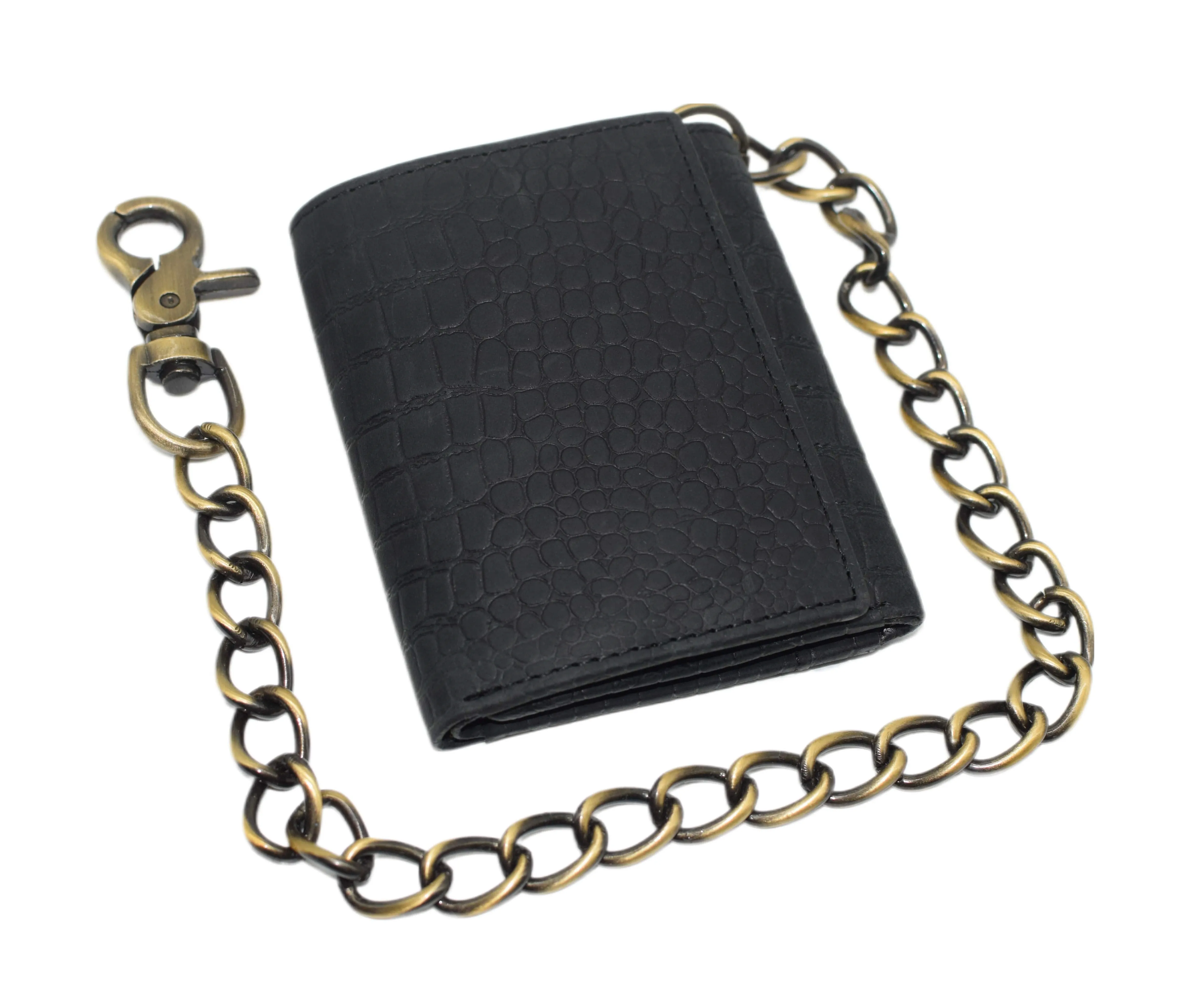 RFID0946HTC Men's RFID Blocking Trifold Vintage Leather Biker Chain Wallet With Snap Closure