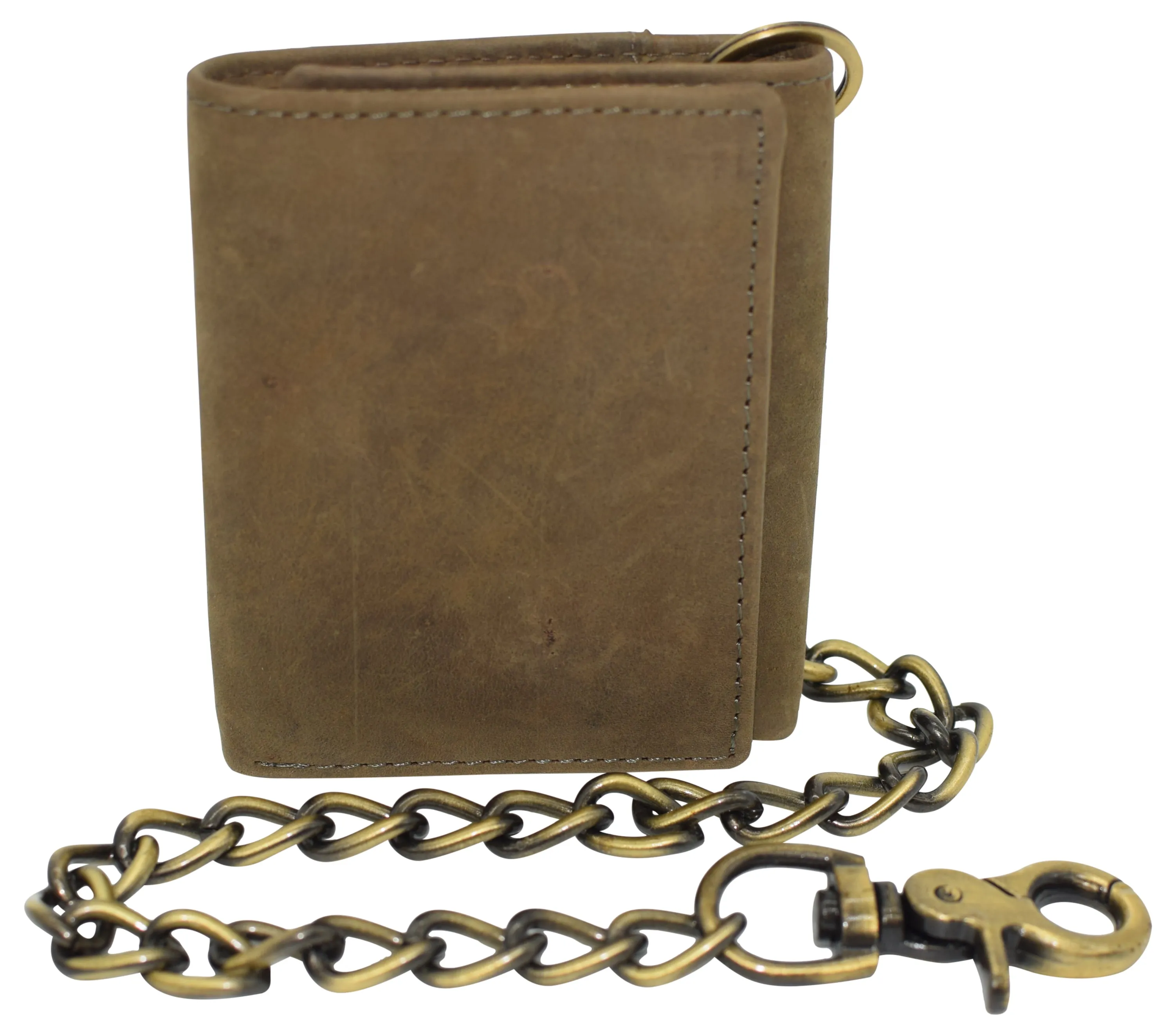 RFID0946HTC Men's RFID Blocking Trifold Vintage Leather Biker Chain Wallet With Snap Closure