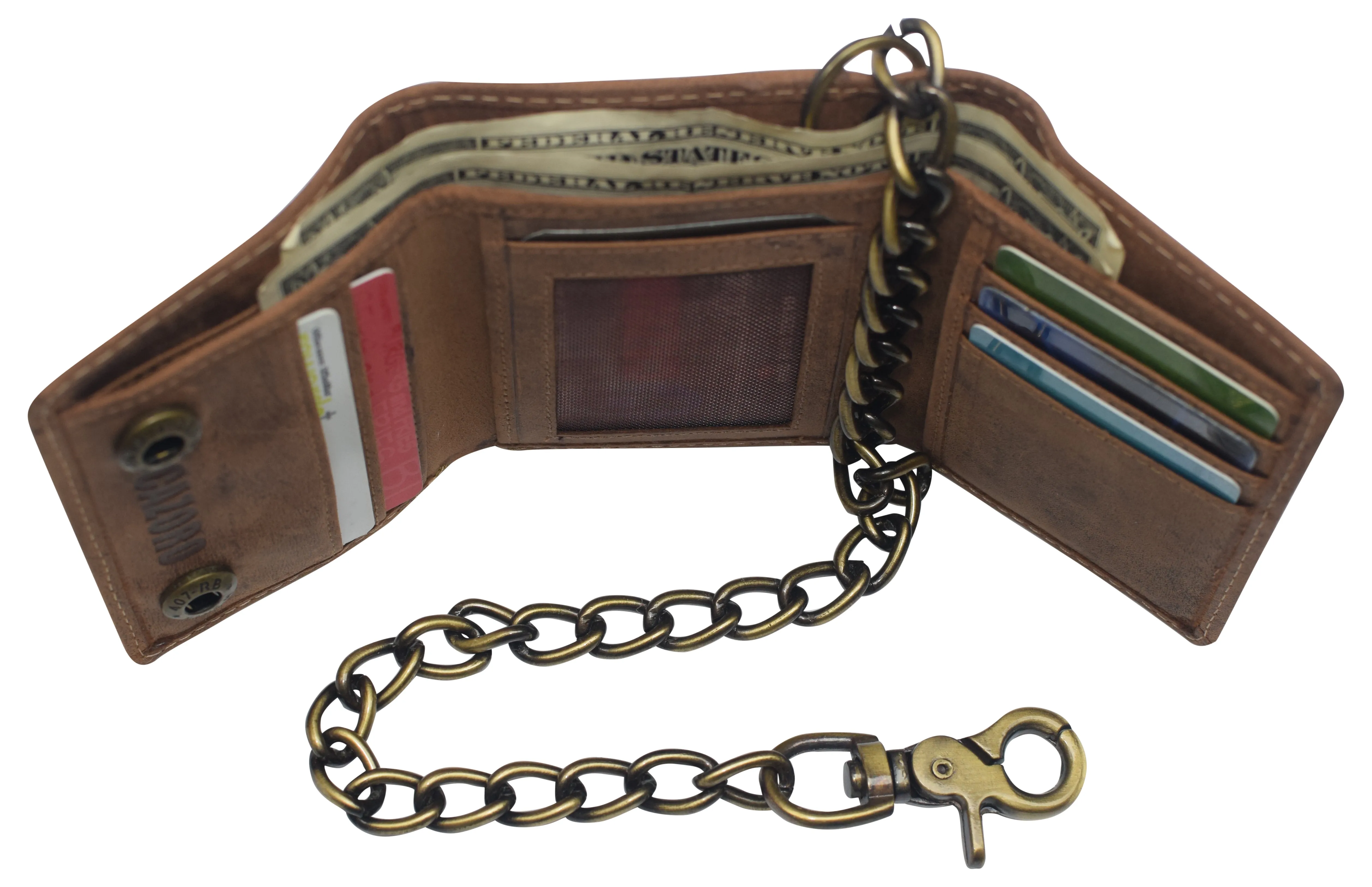 RFID0946HTC Men's RFID Blocking Trifold Vintage Leather Biker Chain Wallet With Snap Closure