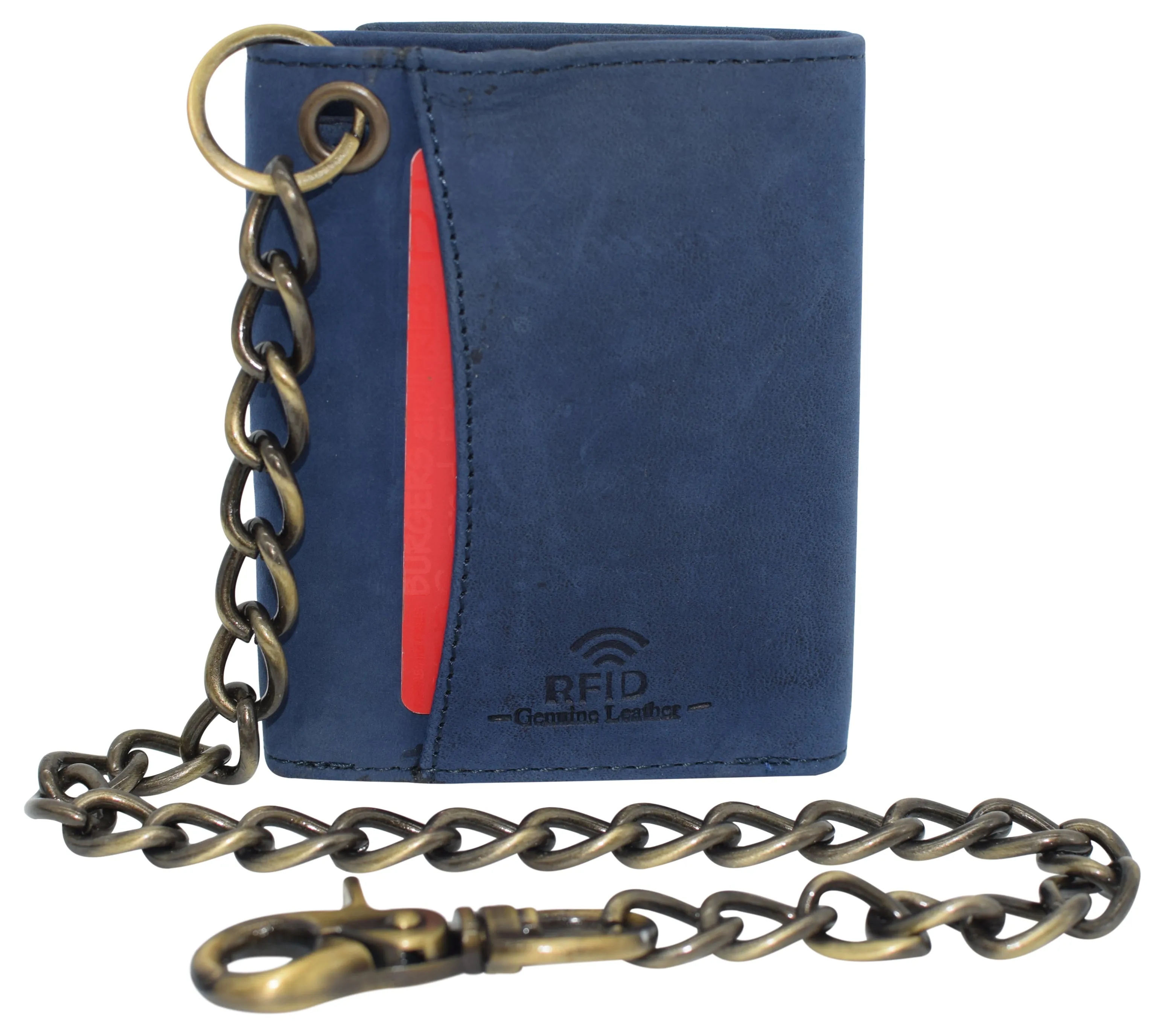 RFID0946HTC Men's RFID Blocking Trifold Vintage Leather Biker Chain Wallet With Snap Closure