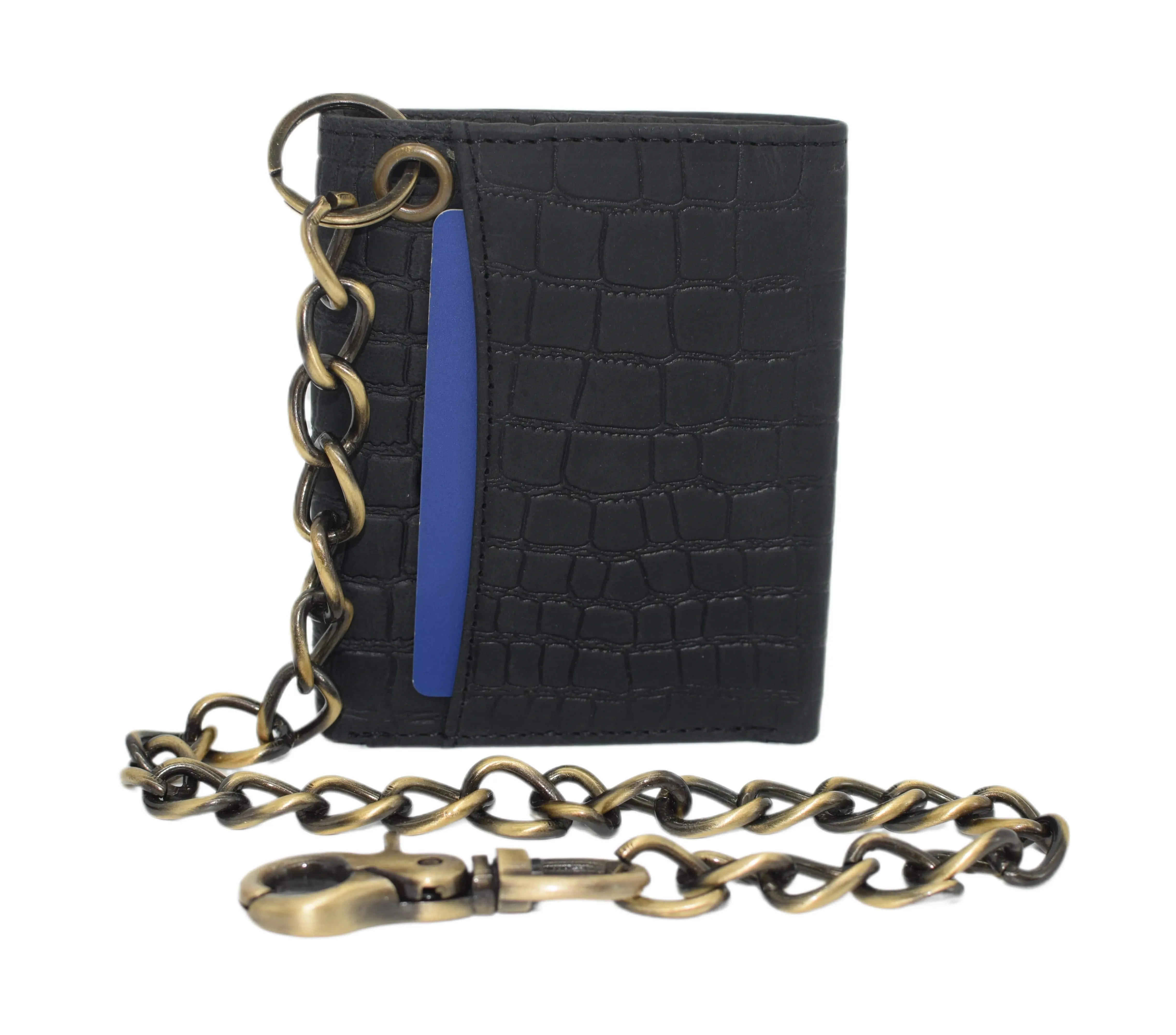 RFID0946HTC Men's RFID Blocking Trifold Vintage Leather Biker Chain Wallet With Snap Closure