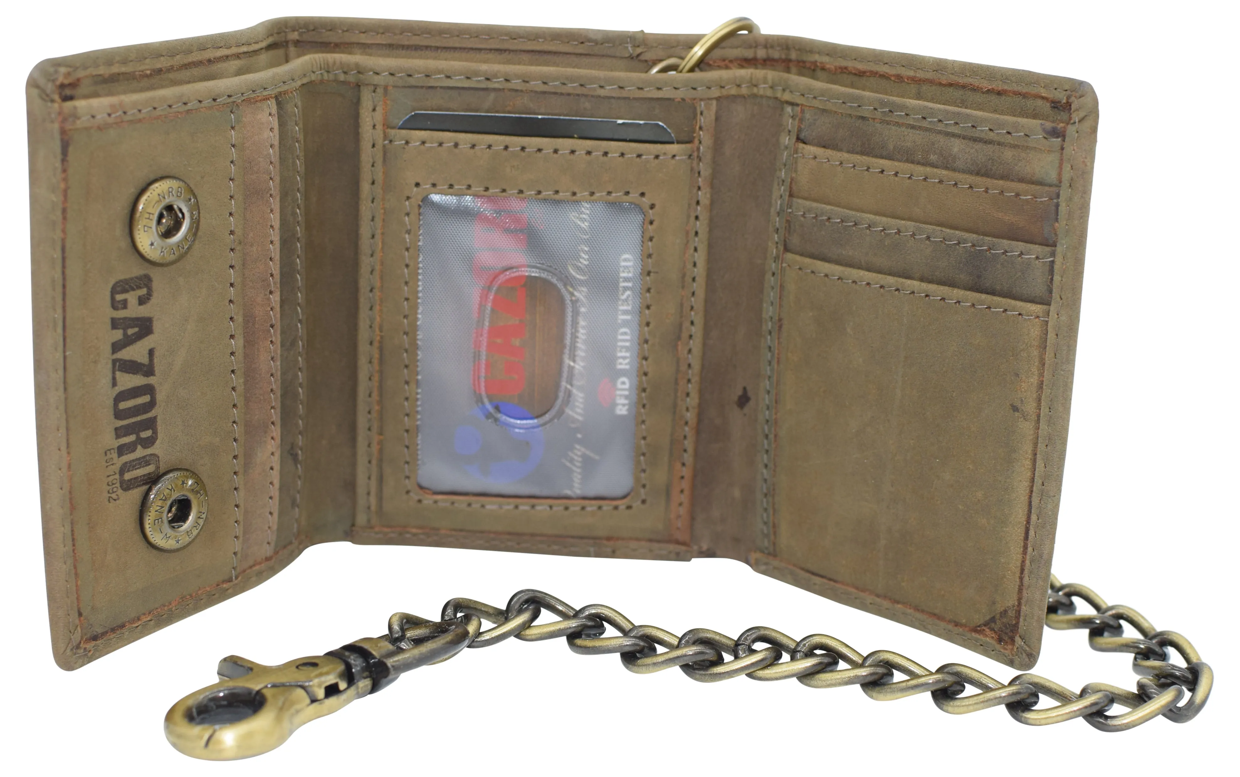 RFID0946HTC Men's RFID Blocking Trifold Vintage Leather Biker Chain Wallet With Snap Closure