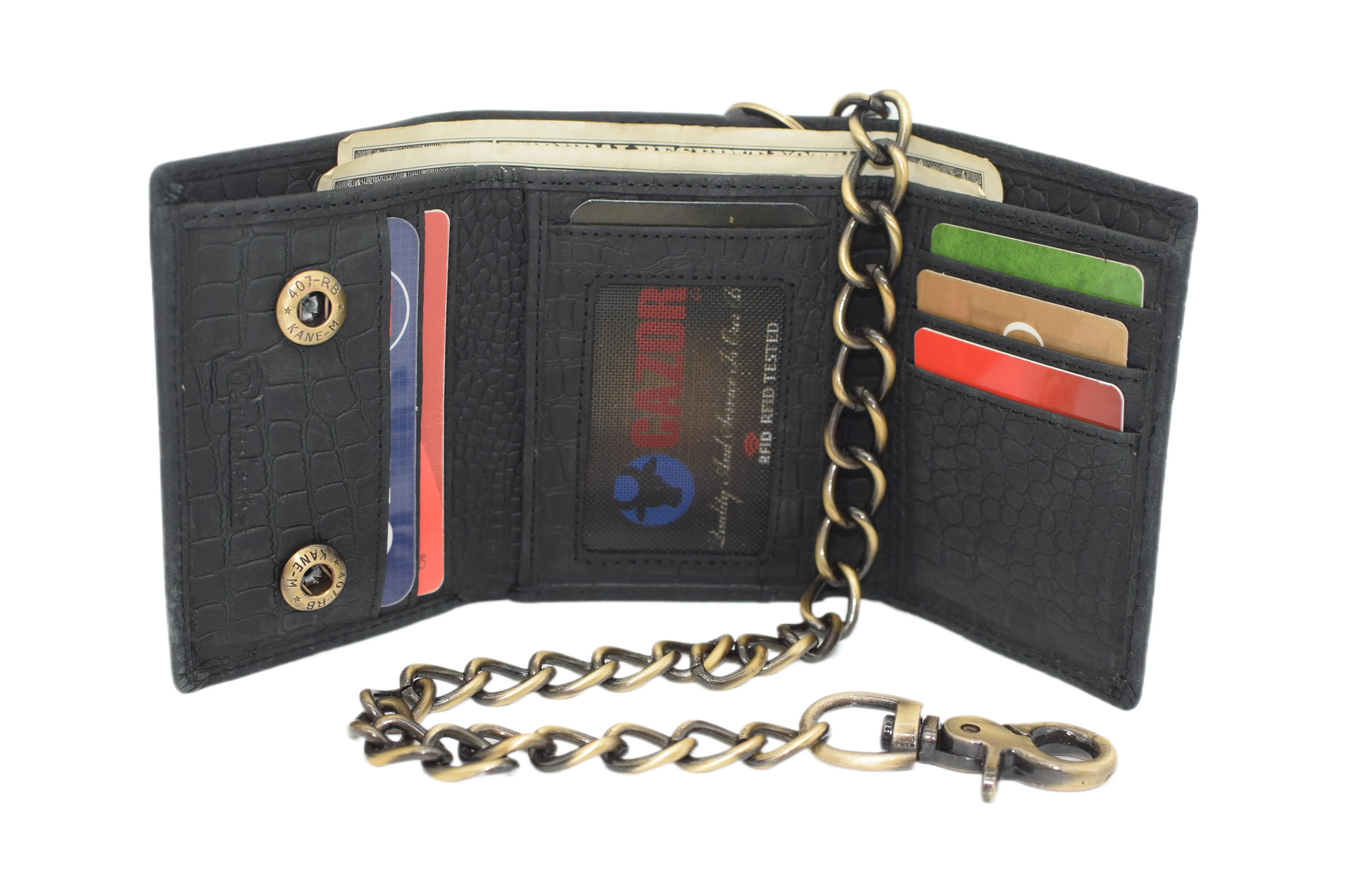 RFID0946HTC Men's RFID Blocking Trifold Vintage Leather Biker Chain Wallet With Snap Closure