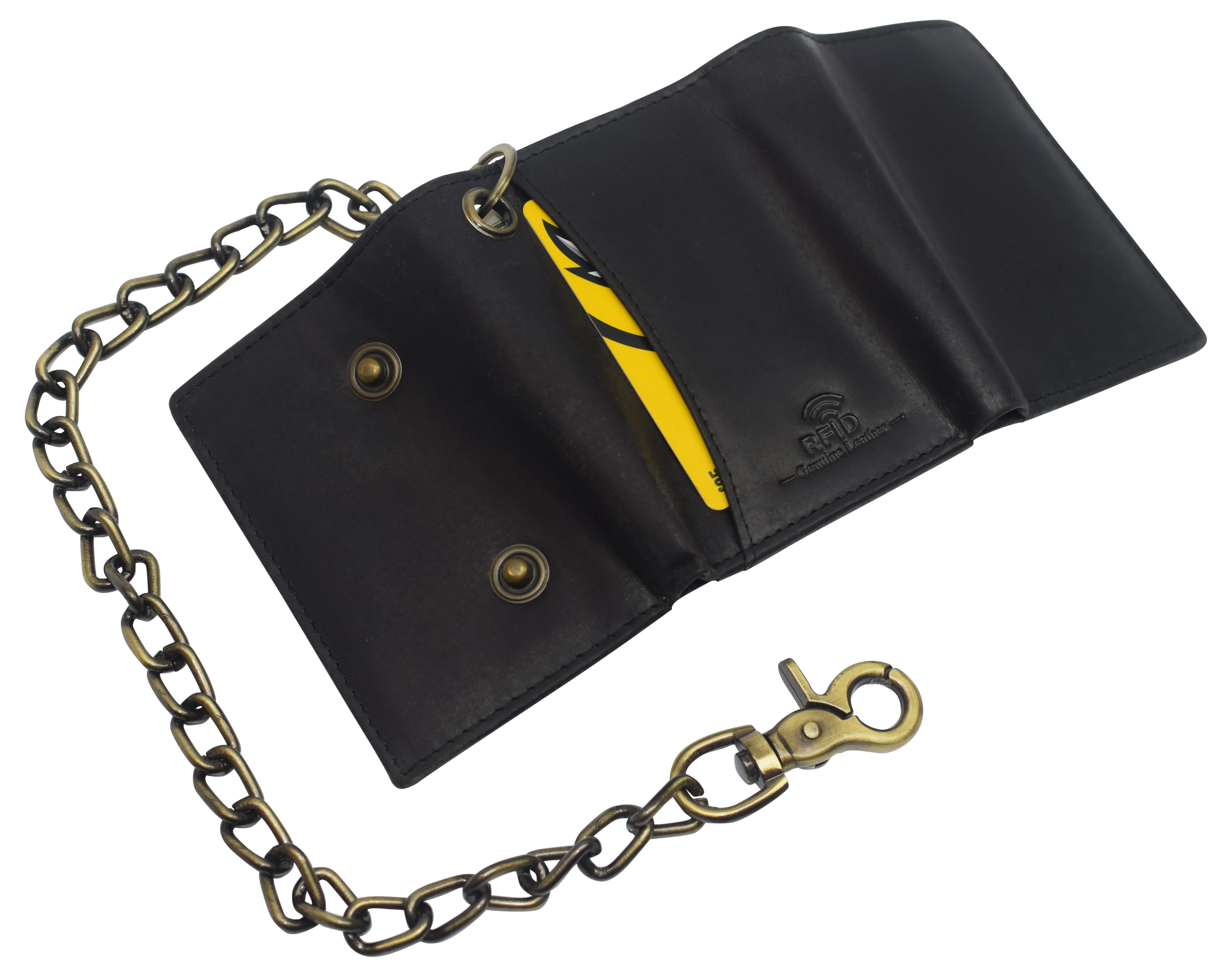 RFID0946HTC Men's RFID Blocking Trifold Vintage Leather Biker Chain Wallet With Snap Closure