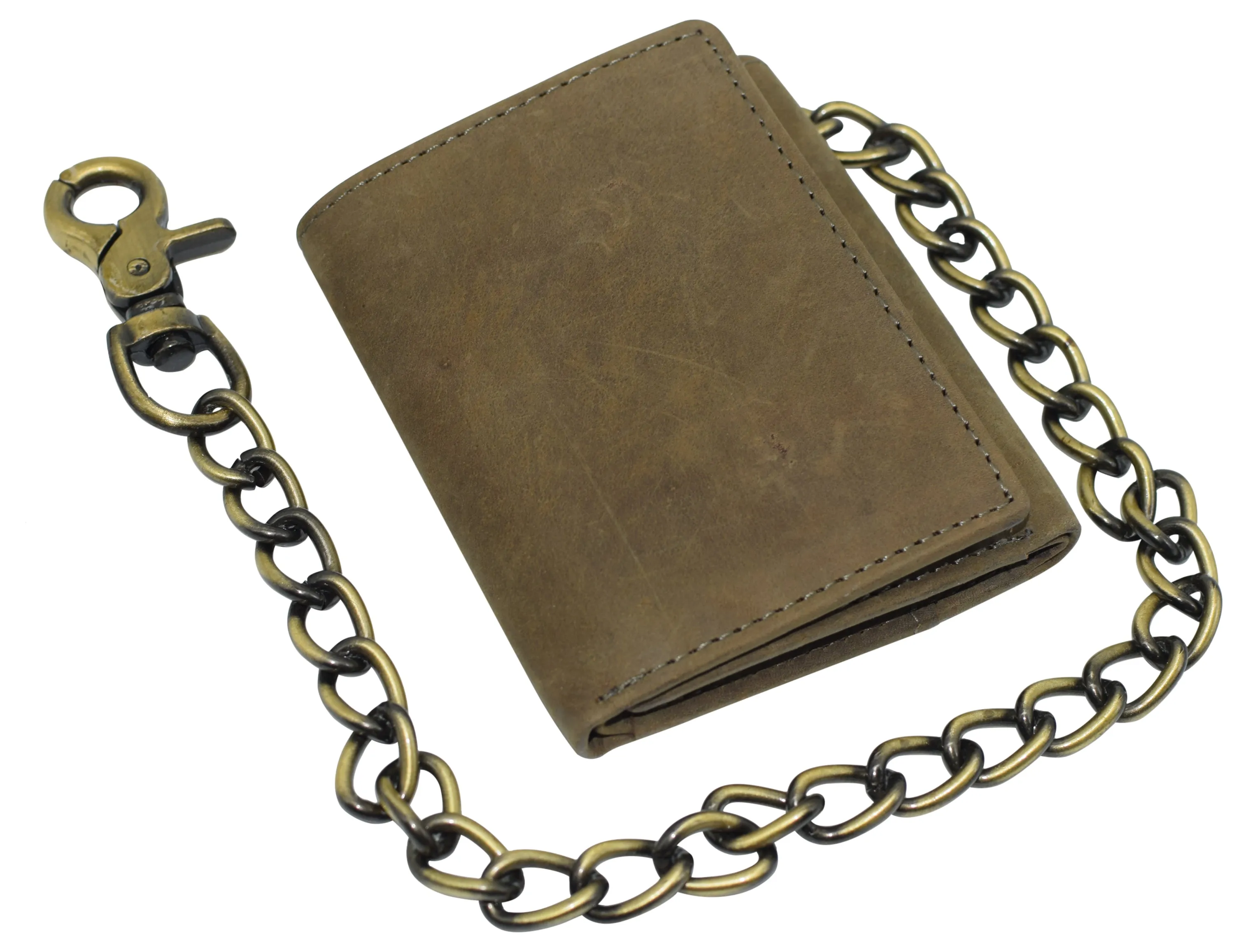 RFID0946HTC Men's RFID Blocking Trifold Vintage Leather Biker Chain Wallet With Snap Closure