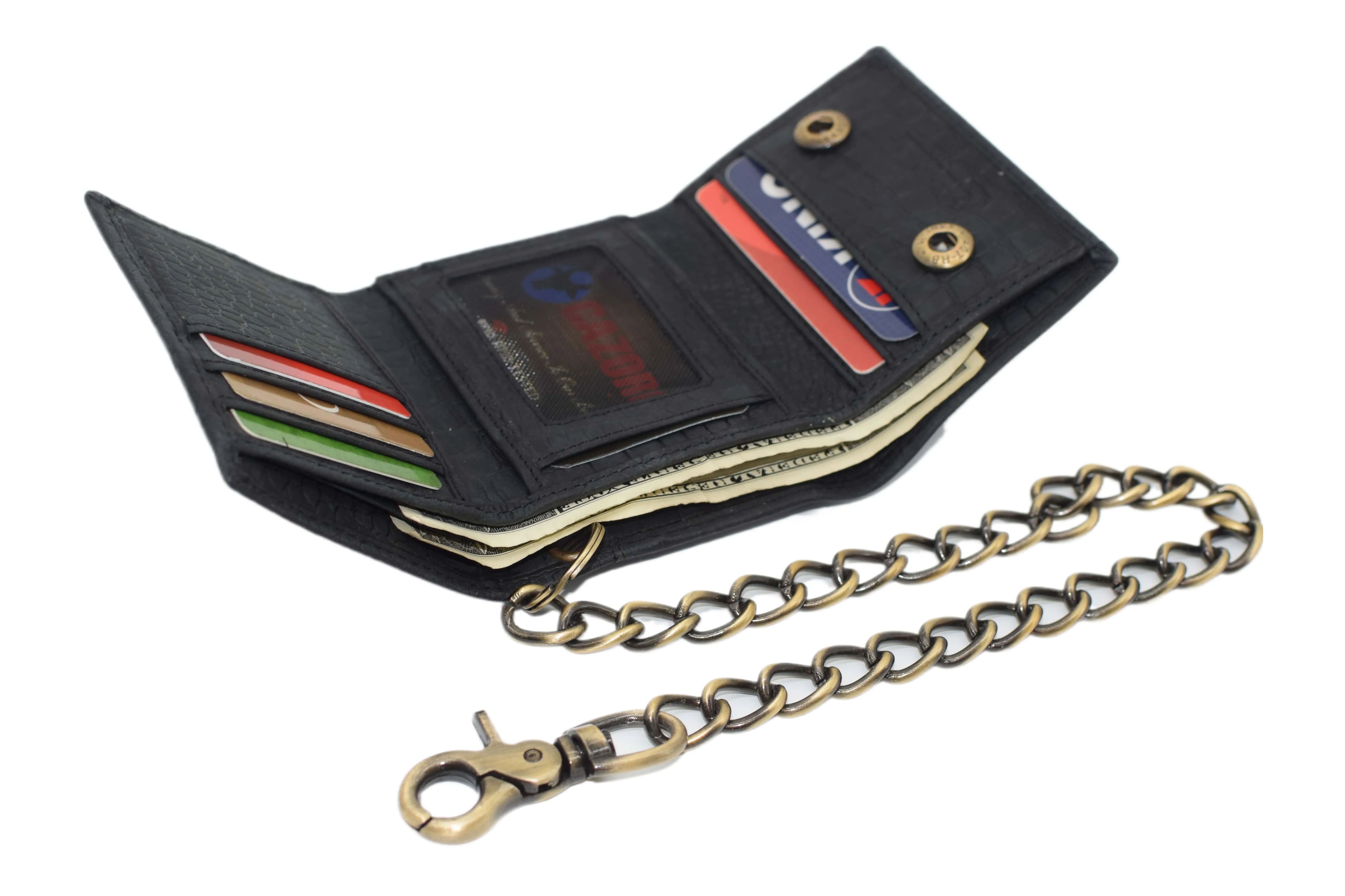 RFID0946HTC Men's RFID Blocking Trifold Vintage Leather Biker Chain Wallet With Snap Closure