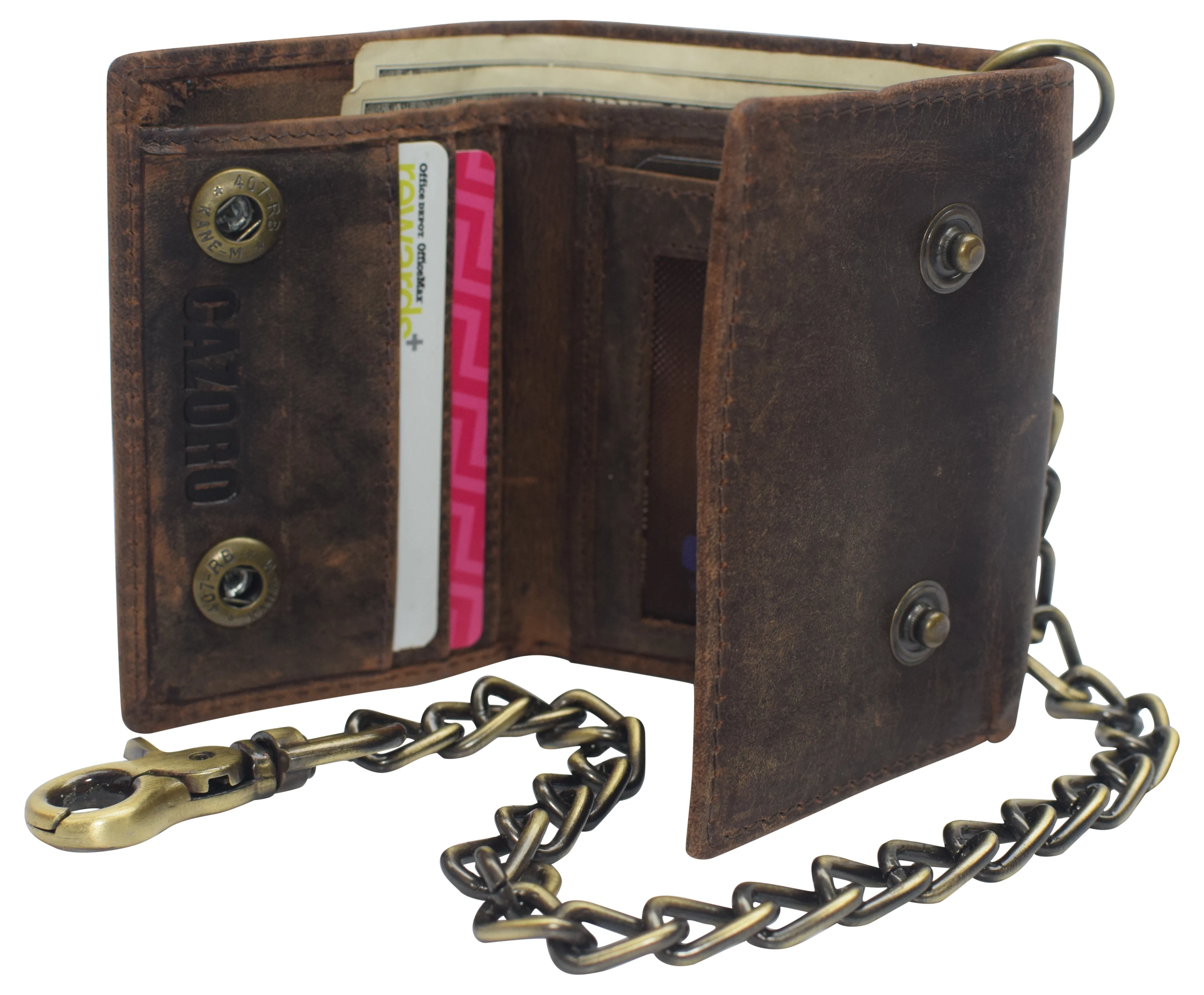 RFID0946HTC Men's RFID Blocking Trifold Vintage Leather Biker Chain Wallet With Snap Closure