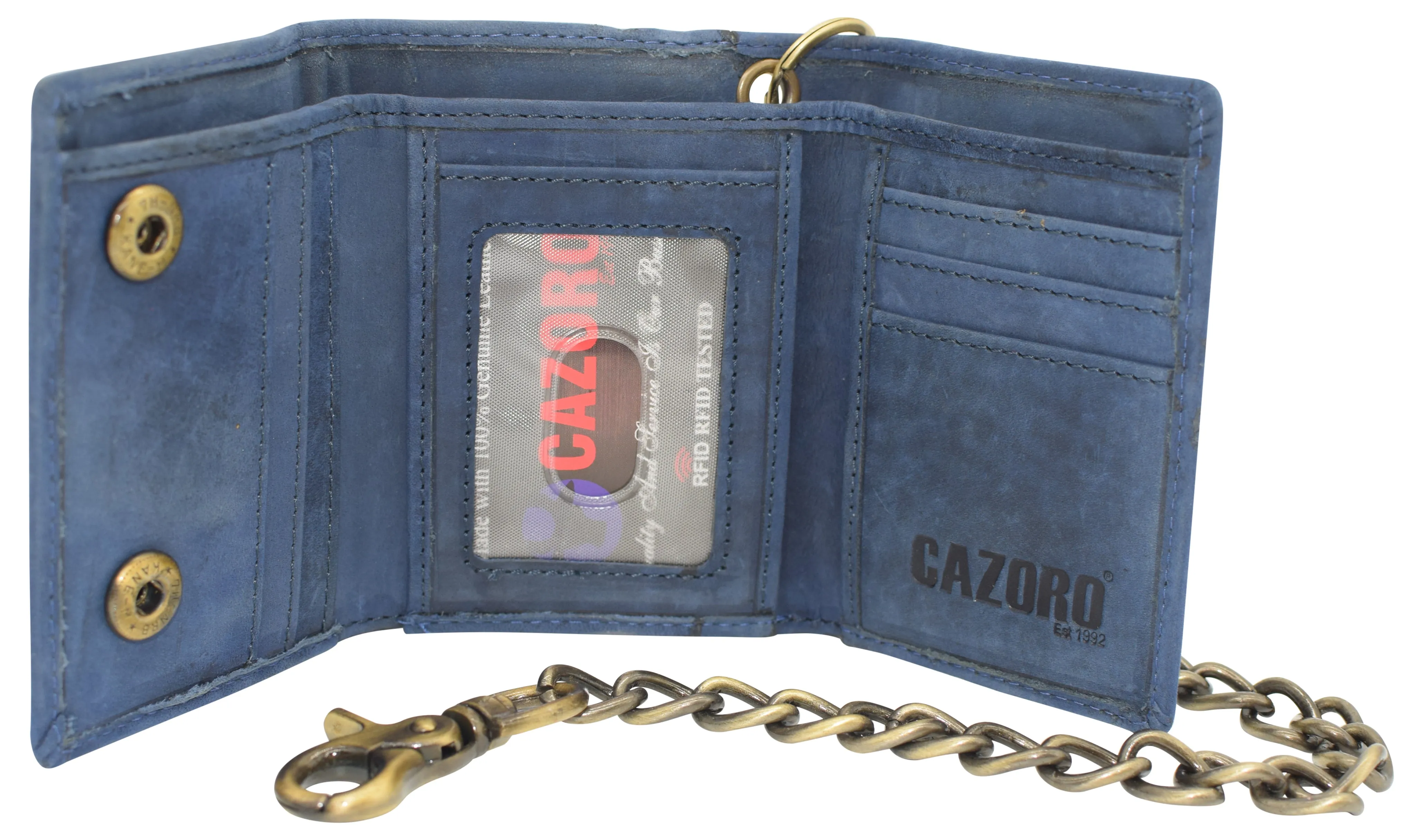 RFID0946HTC Men's RFID Blocking Trifold Vintage Leather Biker Chain Wallet With Snap Closure