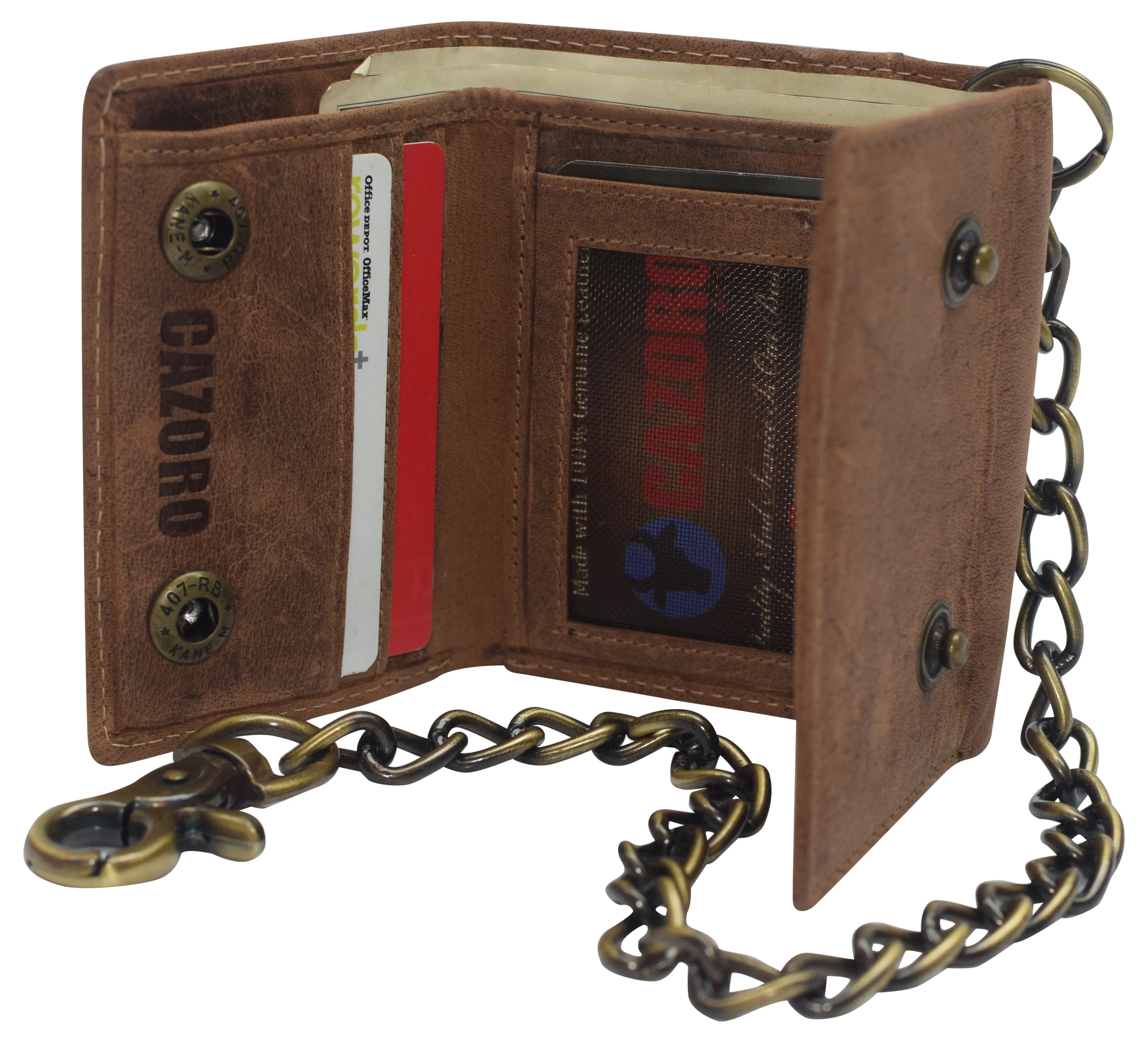 RFID0946HTC Men's RFID Blocking Trifold Vintage Leather Biker Chain Wallet With Snap Closure