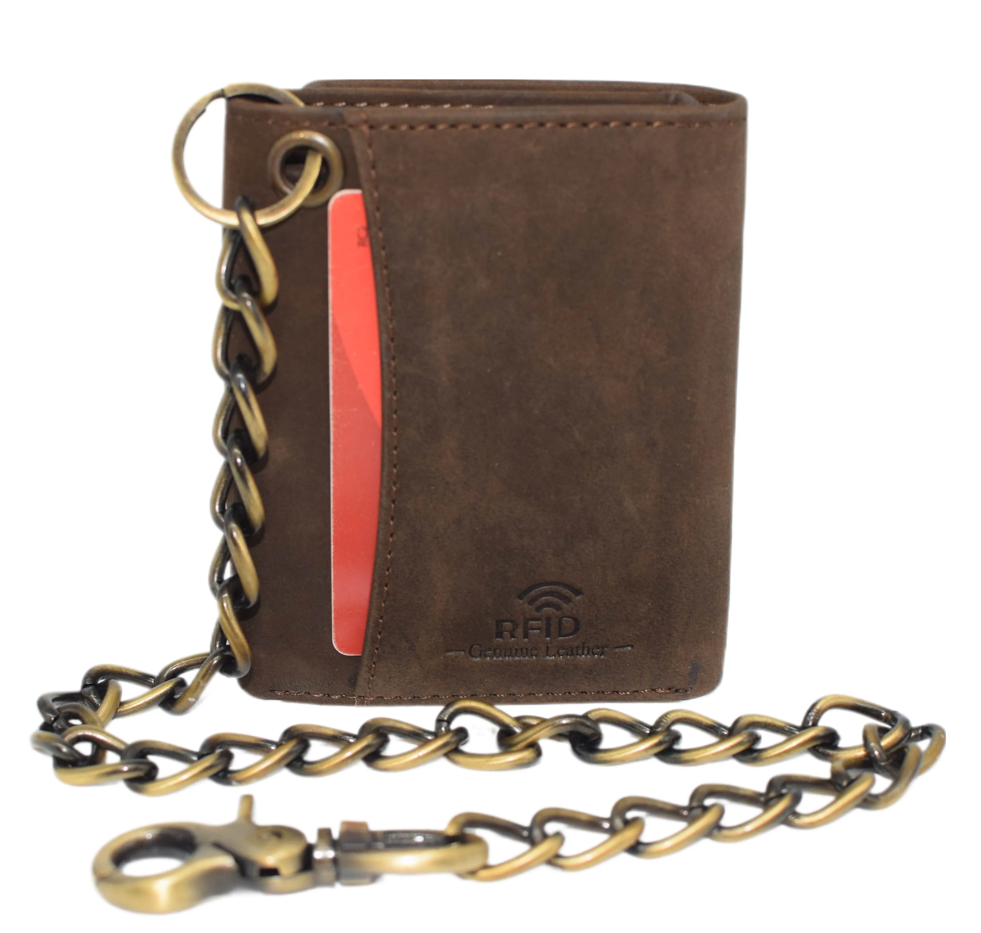 RFID0946HTC Men's RFID Blocking Trifold Vintage Leather Biker Chain Wallet With Snap Closure