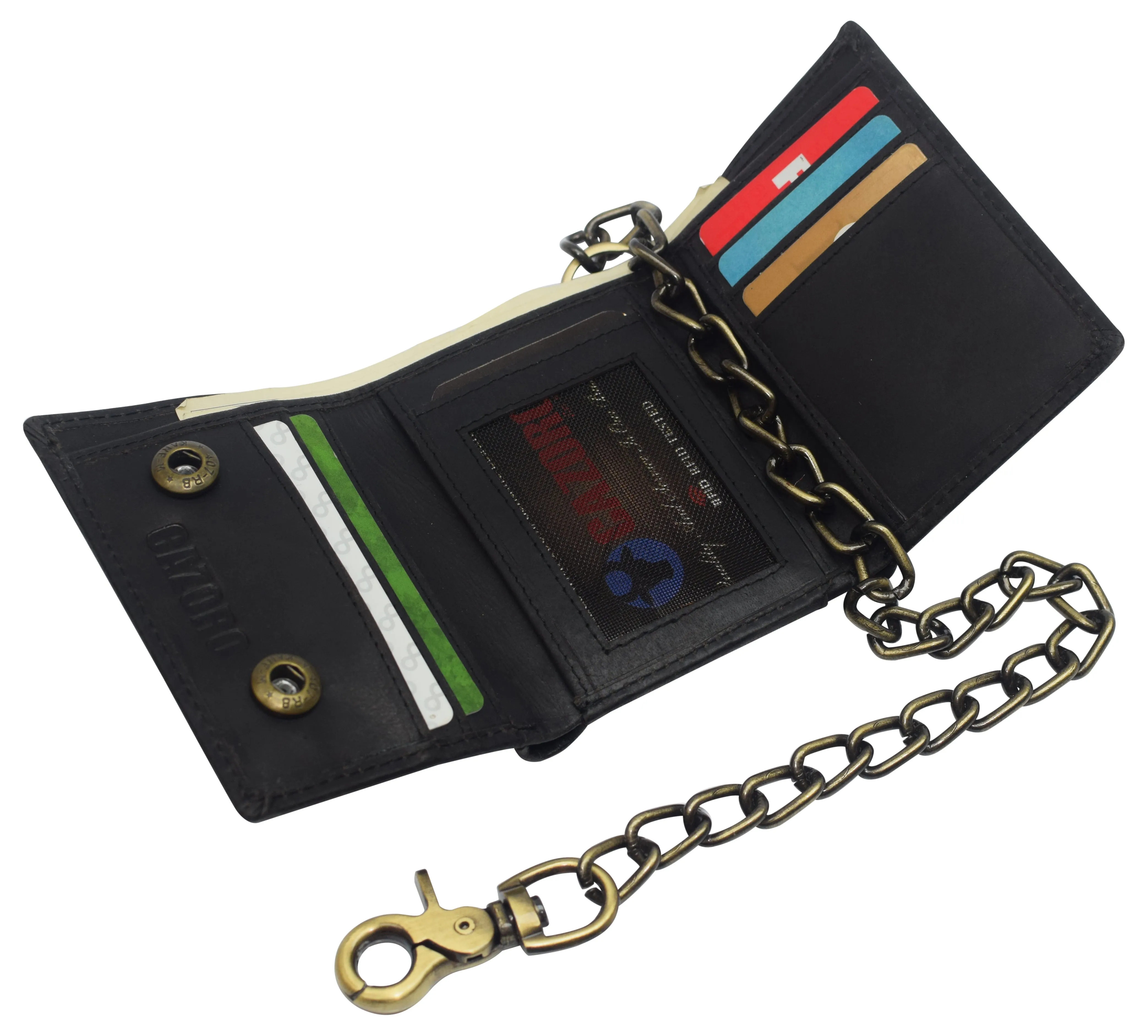 RFID0946HTC Men's RFID Blocking Trifold Vintage Leather Biker Chain Wallet With Snap Closure