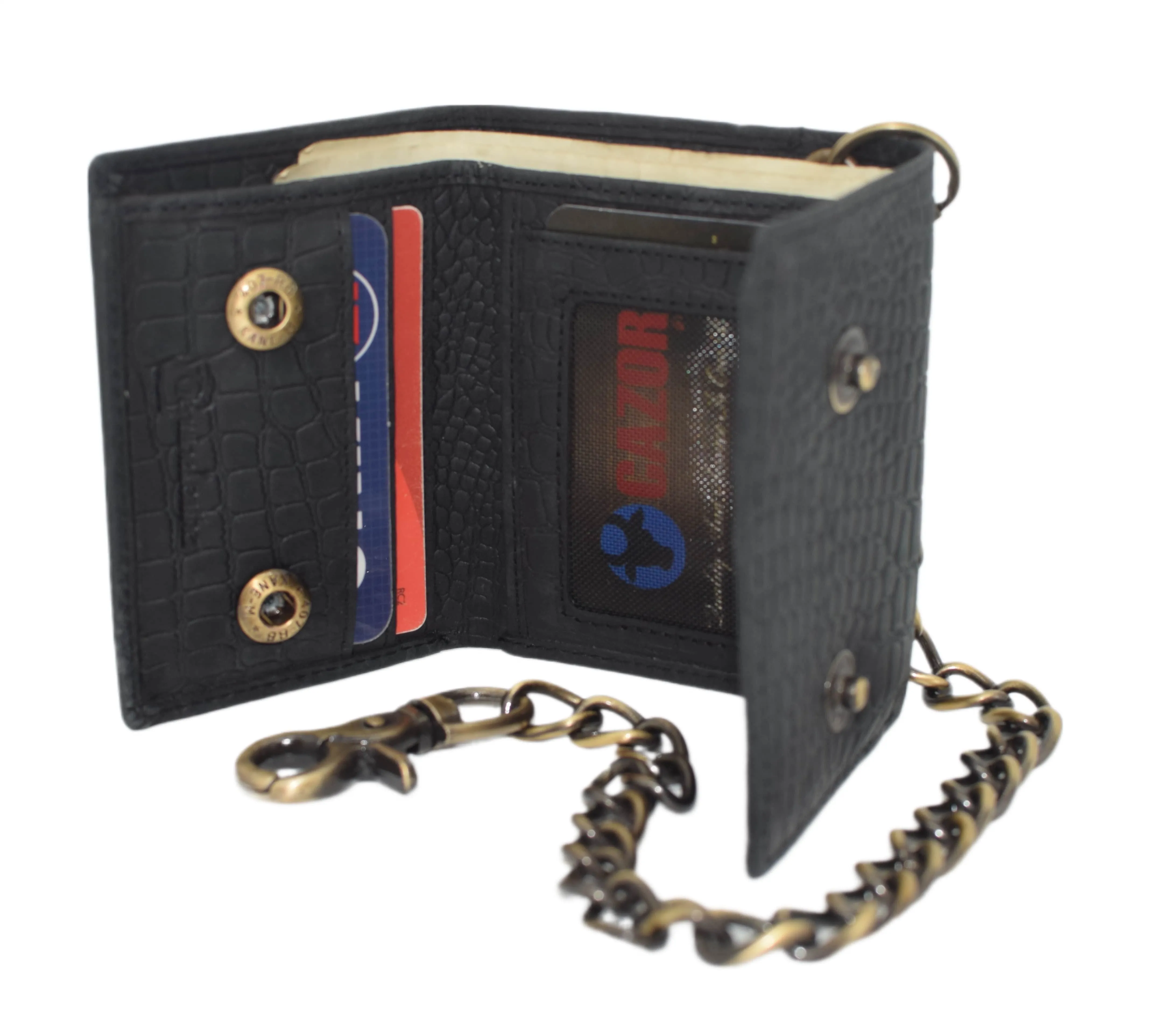 RFID0946HTC Men's RFID Blocking Trifold Vintage Leather Biker Chain Wallet With Snap Closure