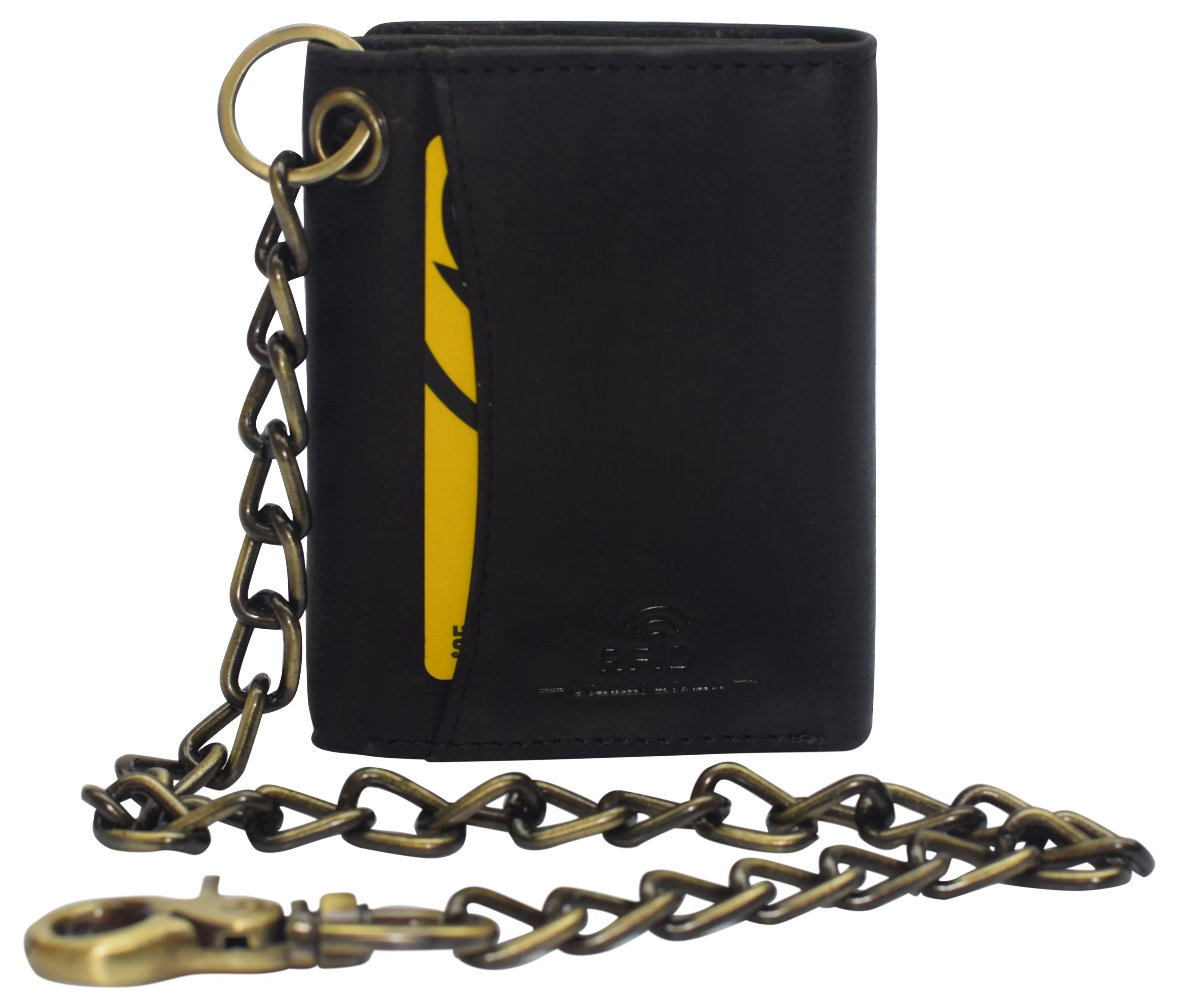 RFID0946HTC Men's RFID Blocking Trifold Vintage Leather Biker Chain Wallet With Snap Closure