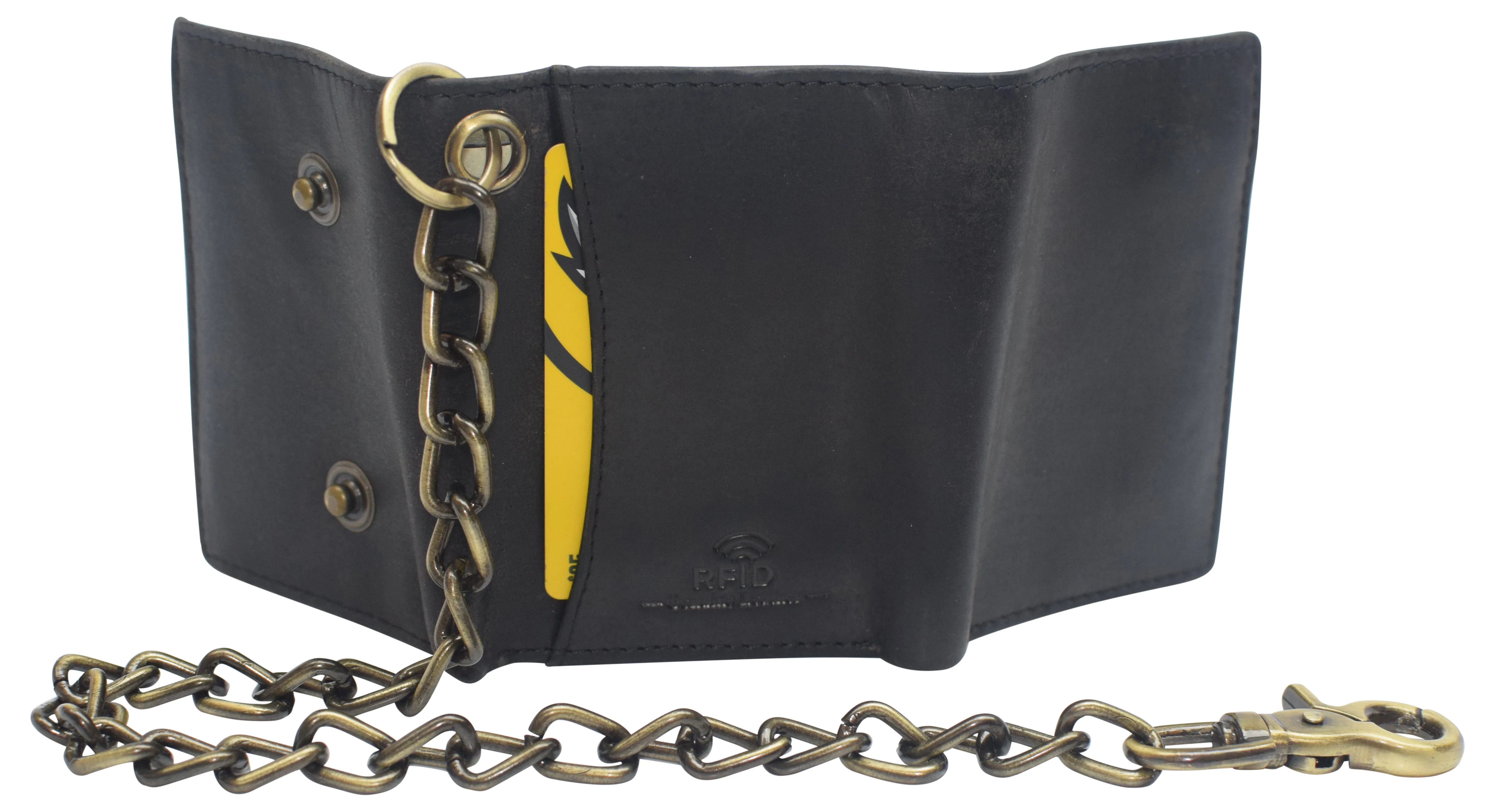 RFID0946HTC Men's RFID Blocking Trifold Vintage Leather Biker Chain Wallet With Snap Closure