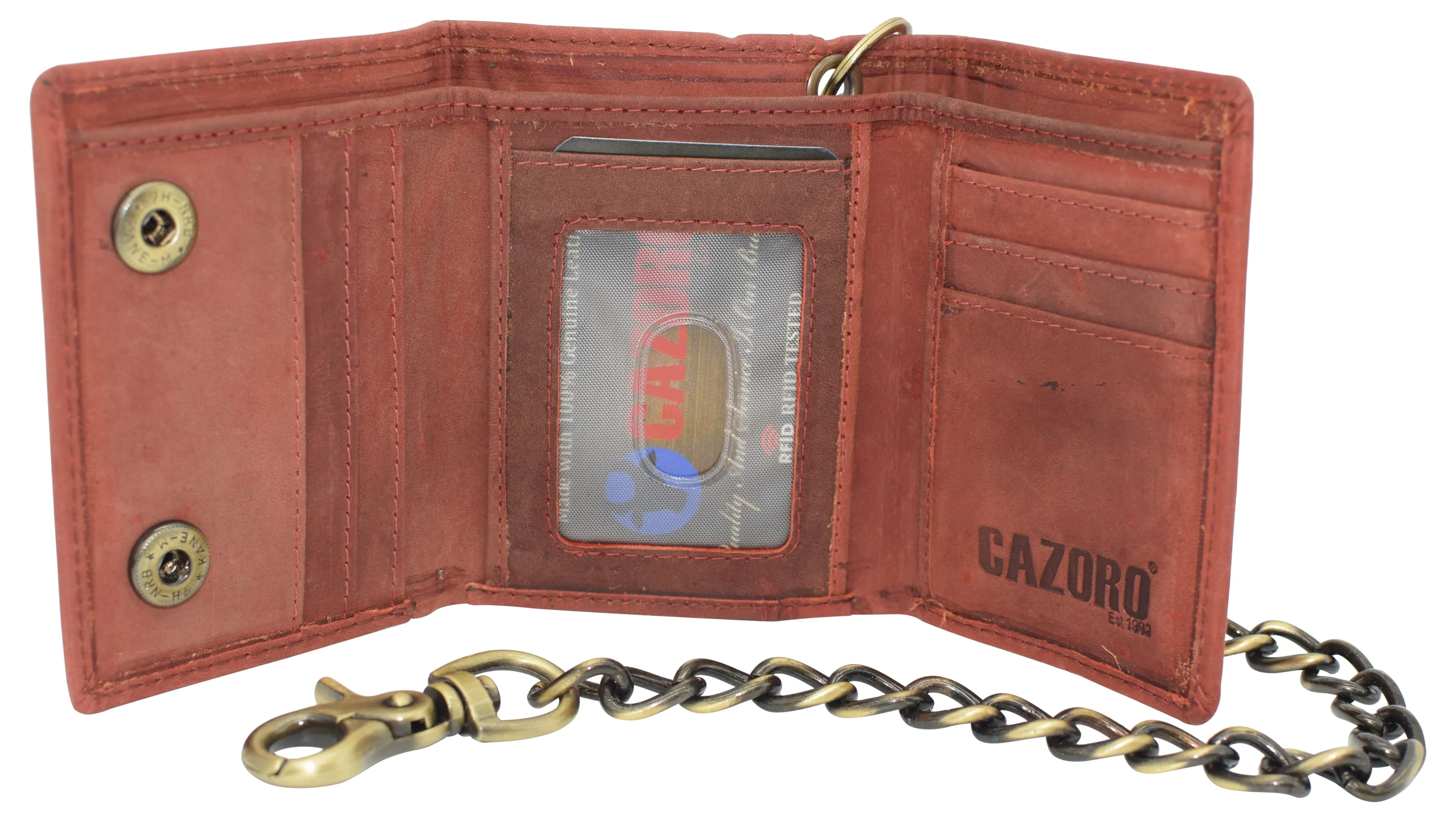 RFID0946HTC Men's RFID Blocking Trifold Vintage Leather Biker Chain Wallet With Snap Closure