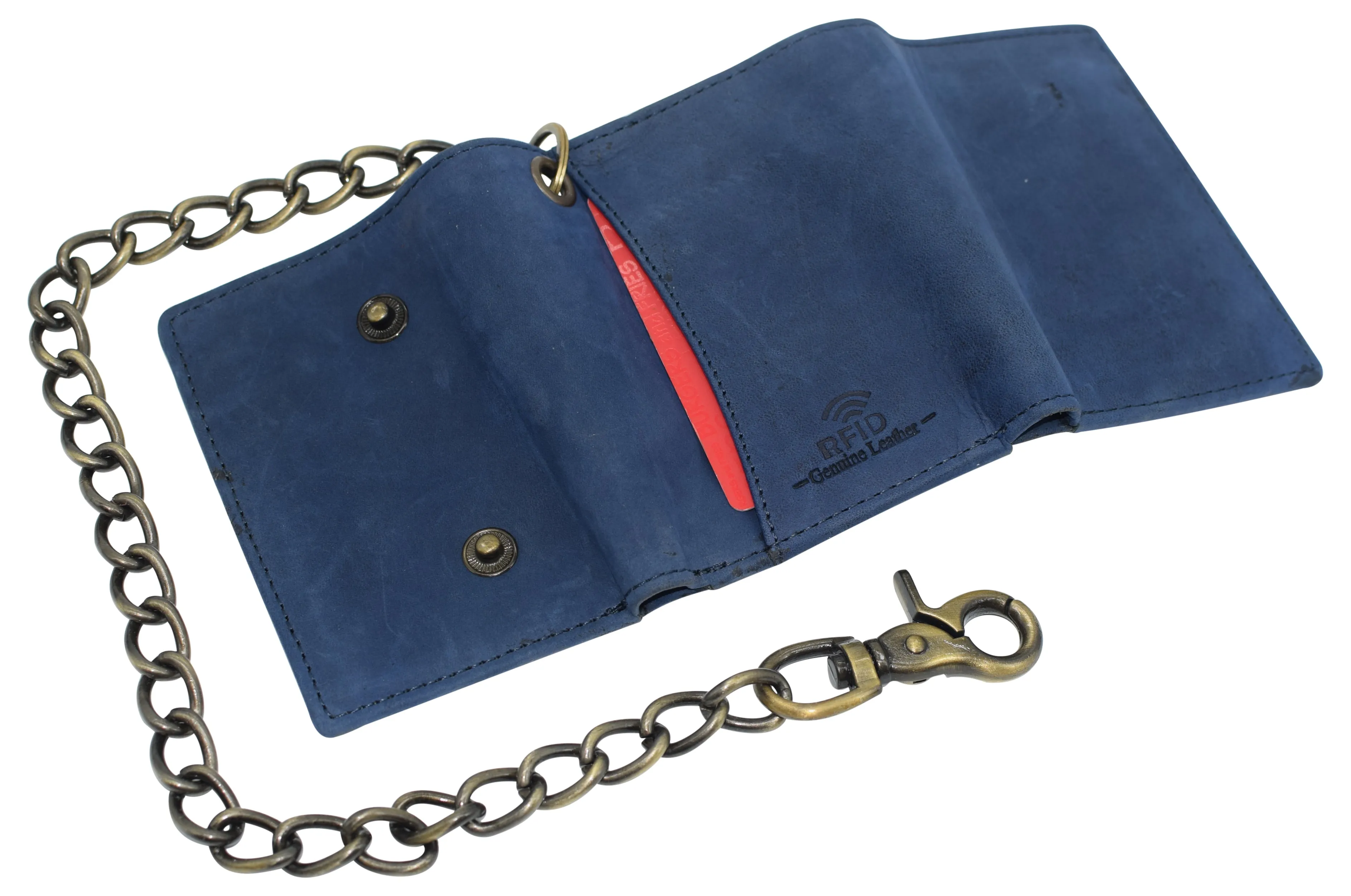 RFID0946HTC Men's RFID Blocking Trifold Vintage Leather Biker Chain Wallet With Snap Closure