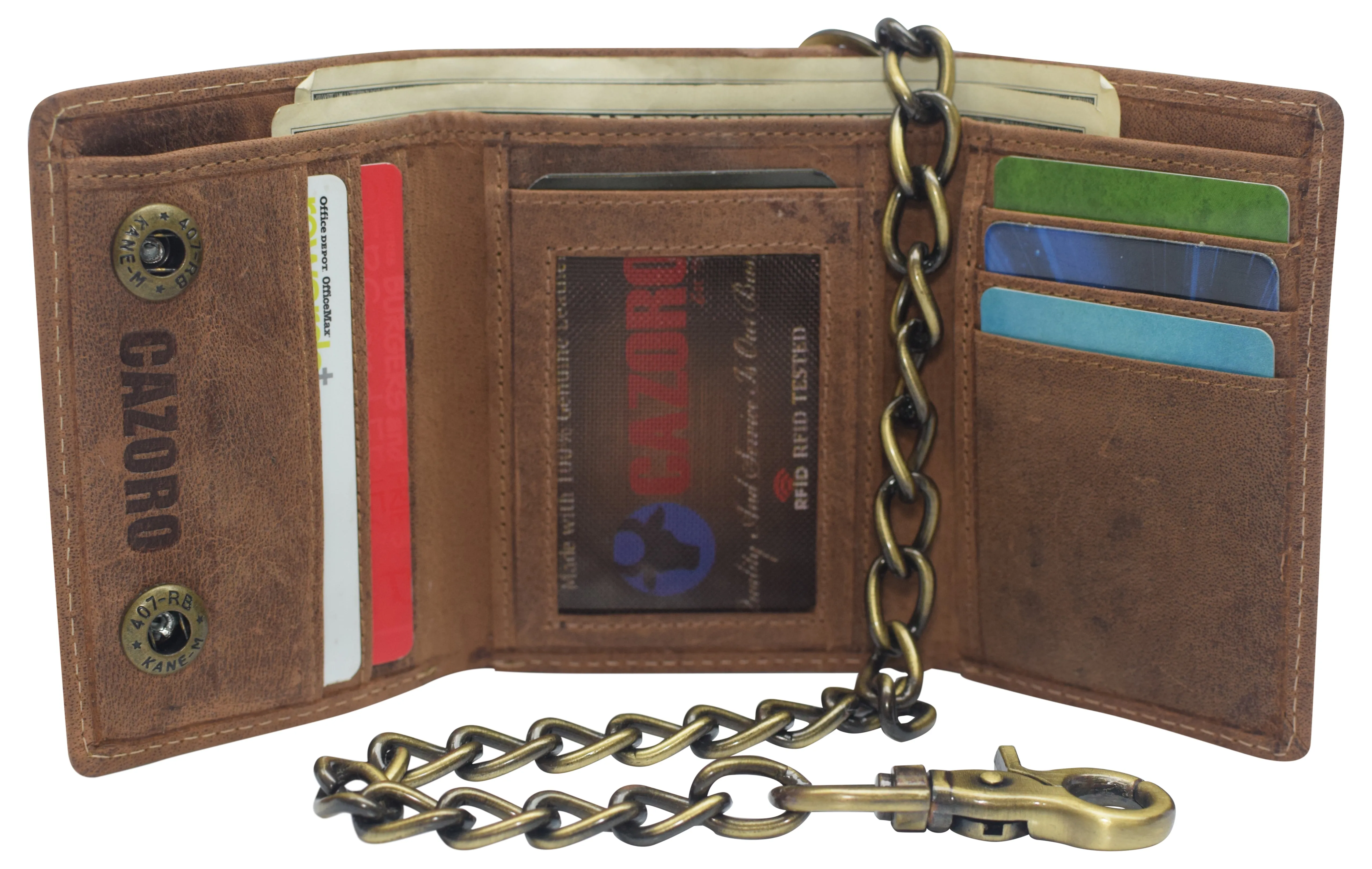 RFID0946HTC Men's RFID Blocking Trifold Vintage Leather Biker Chain Wallet With Snap Closure