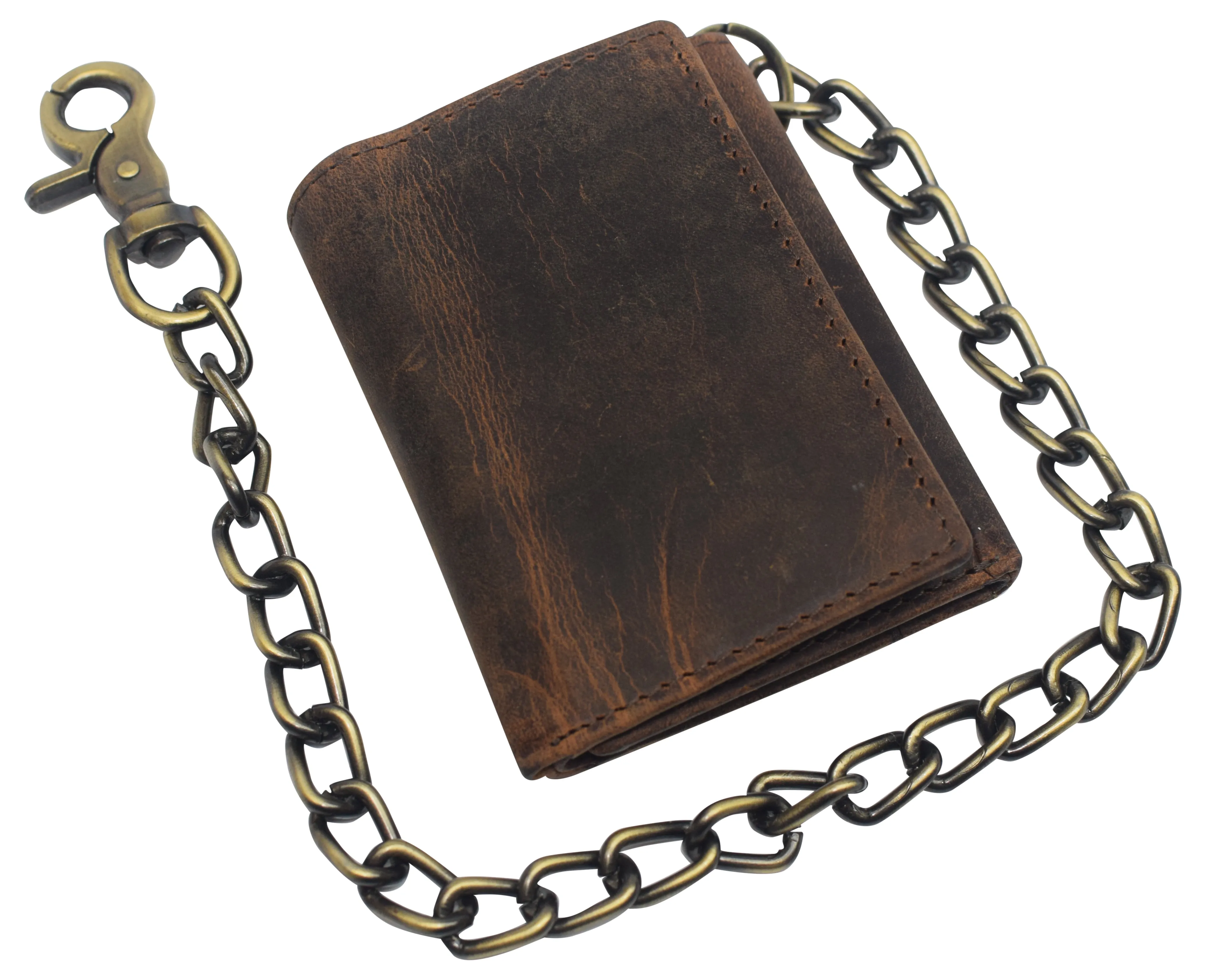 RFID0946HTC Men's RFID Blocking Trifold Vintage Leather Biker Chain Wallet With Snap Closure