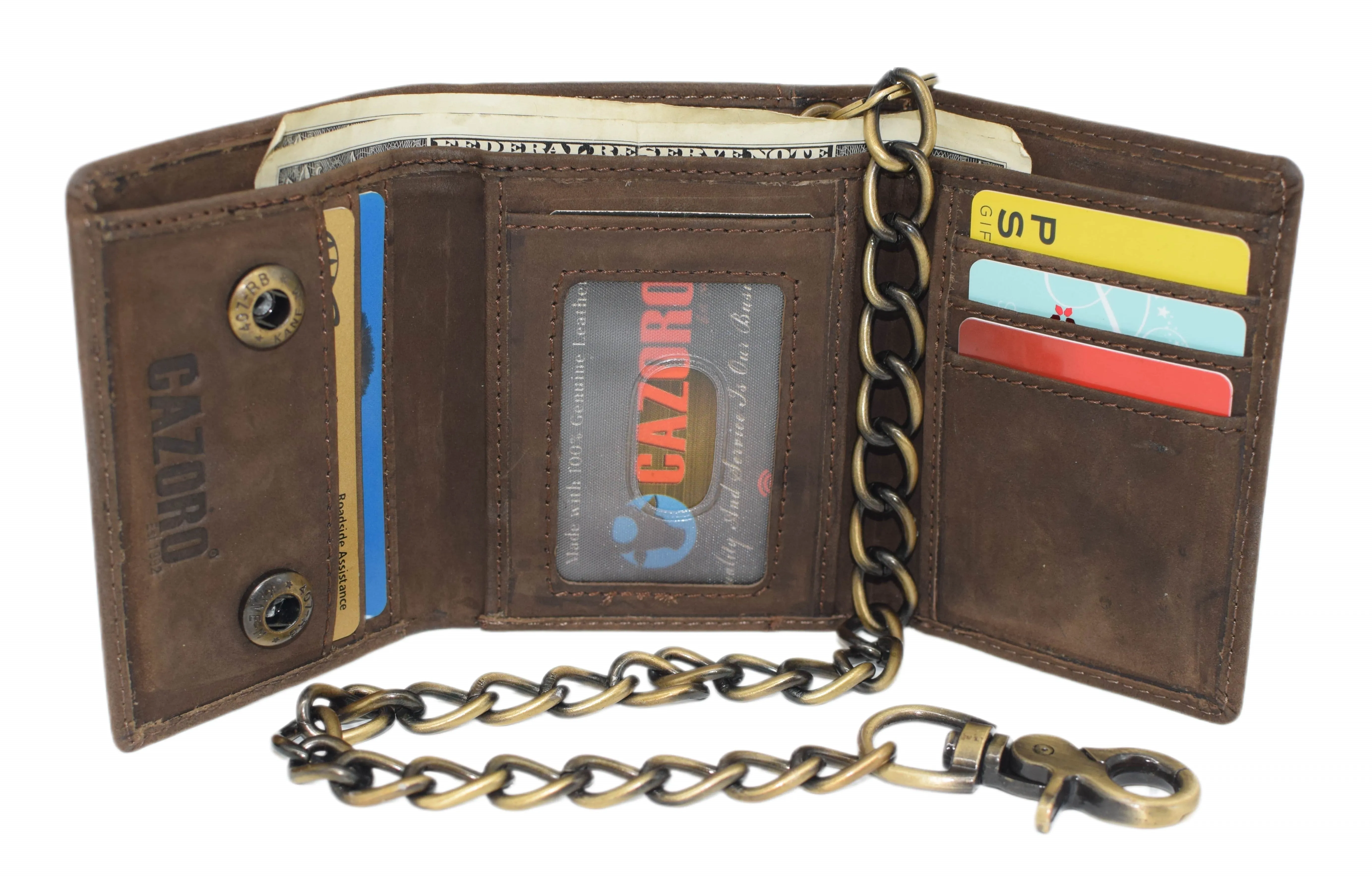 RFID0946HTC Men's RFID Blocking Trifold Vintage Leather Biker Chain Wallet With Snap Closure