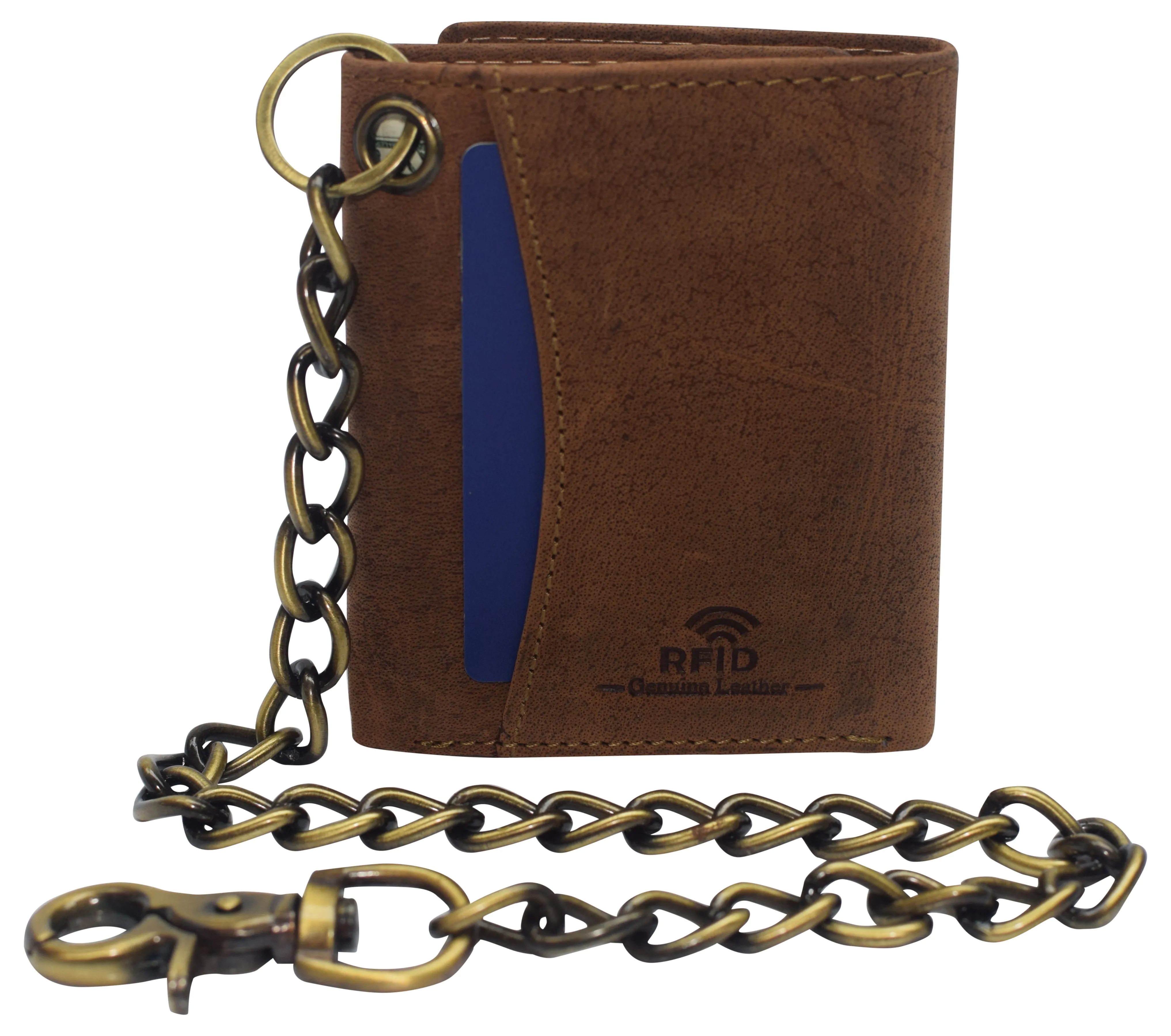 RFID0946HTC Men's RFID Blocking Trifold Vintage Leather Biker Chain Wallet With Snap Closure