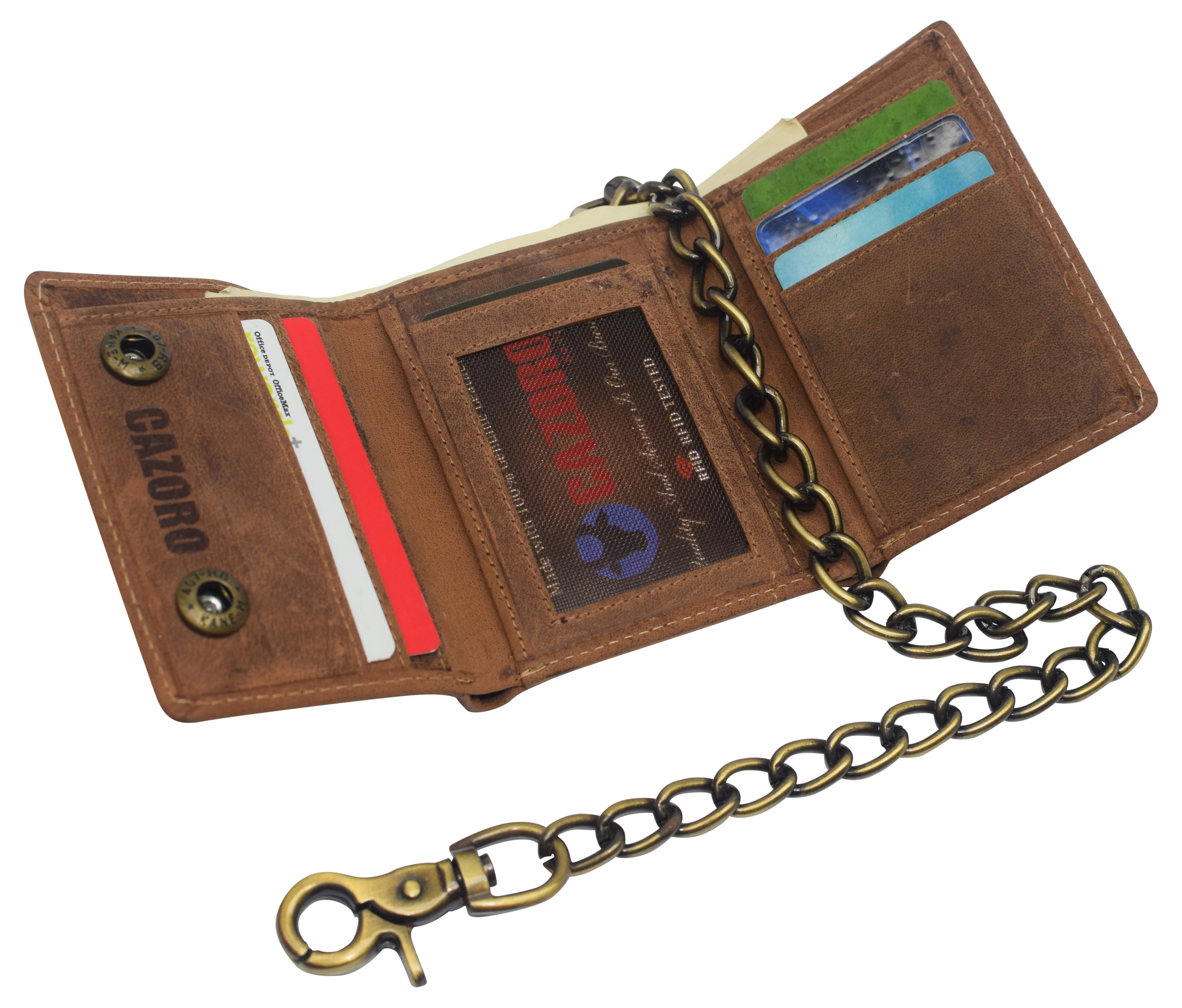 RFID0946HTC Men's RFID Blocking Trifold Vintage Leather Biker Chain Wallet With Snap Closure