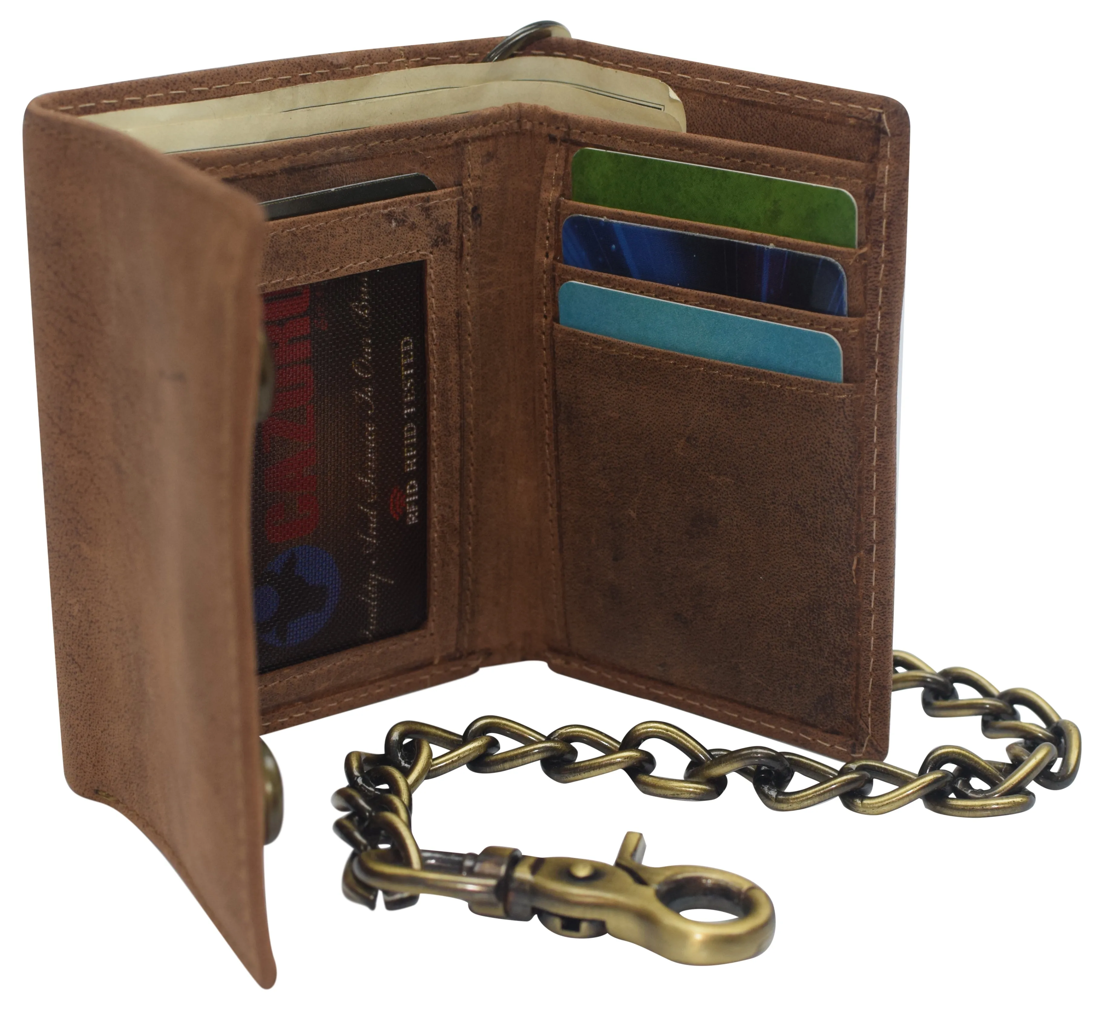 RFID0946HTC Men's RFID Blocking Trifold Vintage Leather Biker Chain Wallet With Snap Closure