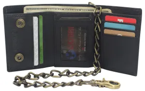 RFID0946HTC Men's RFID Blocking Trifold Vintage Leather Biker Chain Wallet With Snap Closure