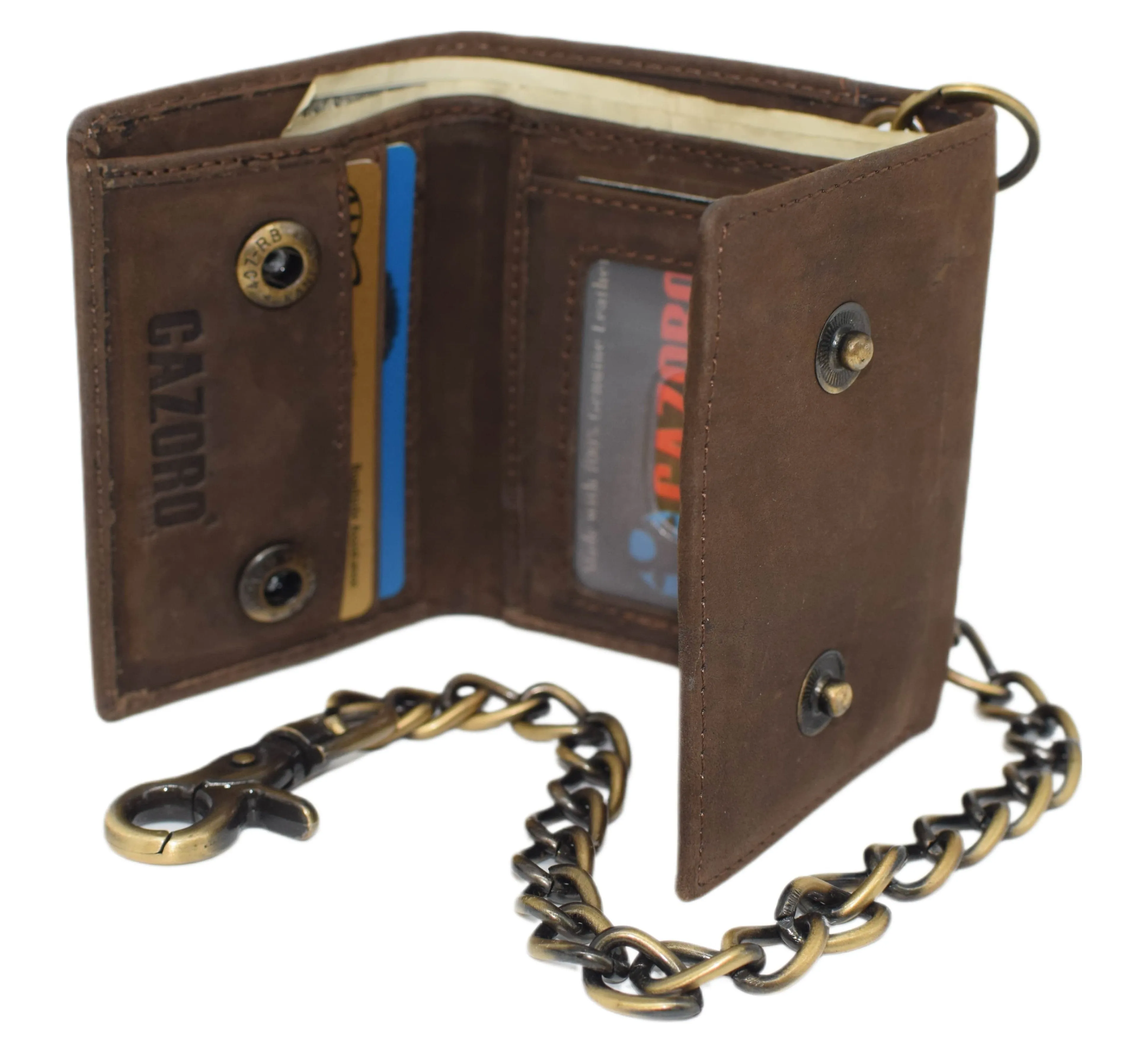 RFID0946HTC Men's RFID Blocking Trifold Vintage Leather Biker Chain Wallet With Snap Closure