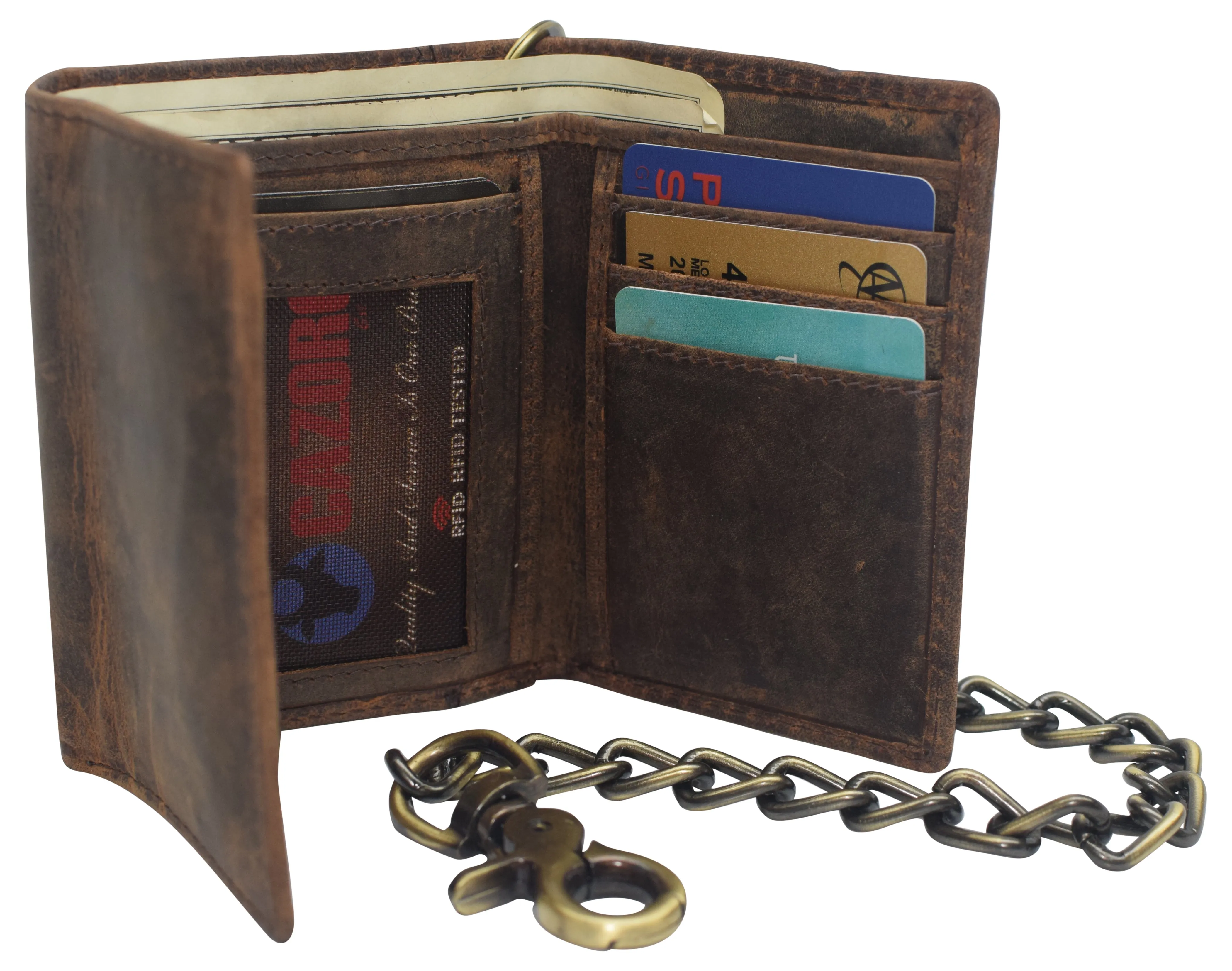 RFID0946HTC Men's RFID Blocking Trifold Vintage Leather Biker Chain Wallet With Snap Closure