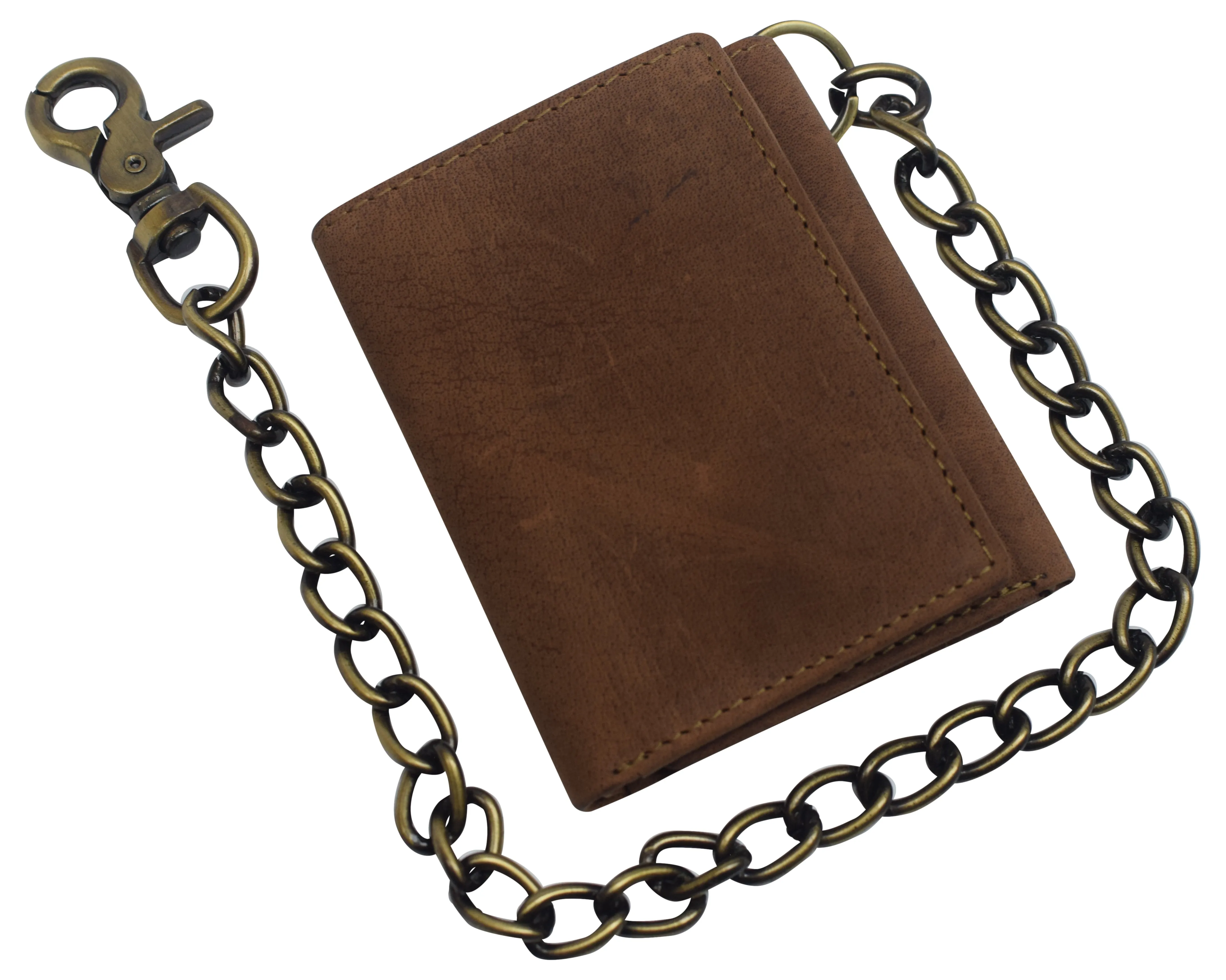 RFID0946HTC Men's RFID Blocking Trifold Vintage Leather Biker Chain Wallet With Snap Closure