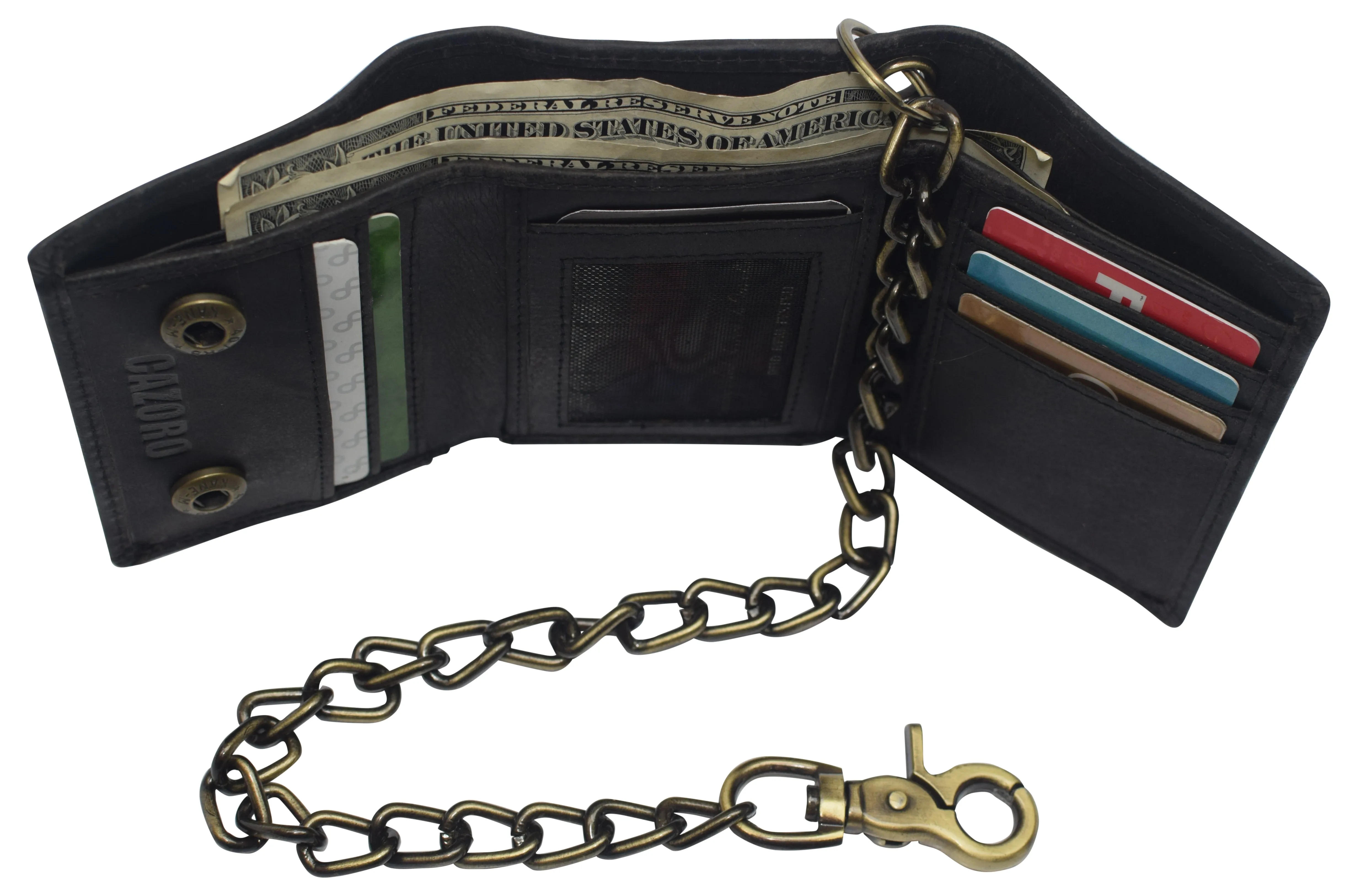 RFID0946HTC Men's RFID Blocking Trifold Vintage Leather Biker Chain Wallet With Snap Closure