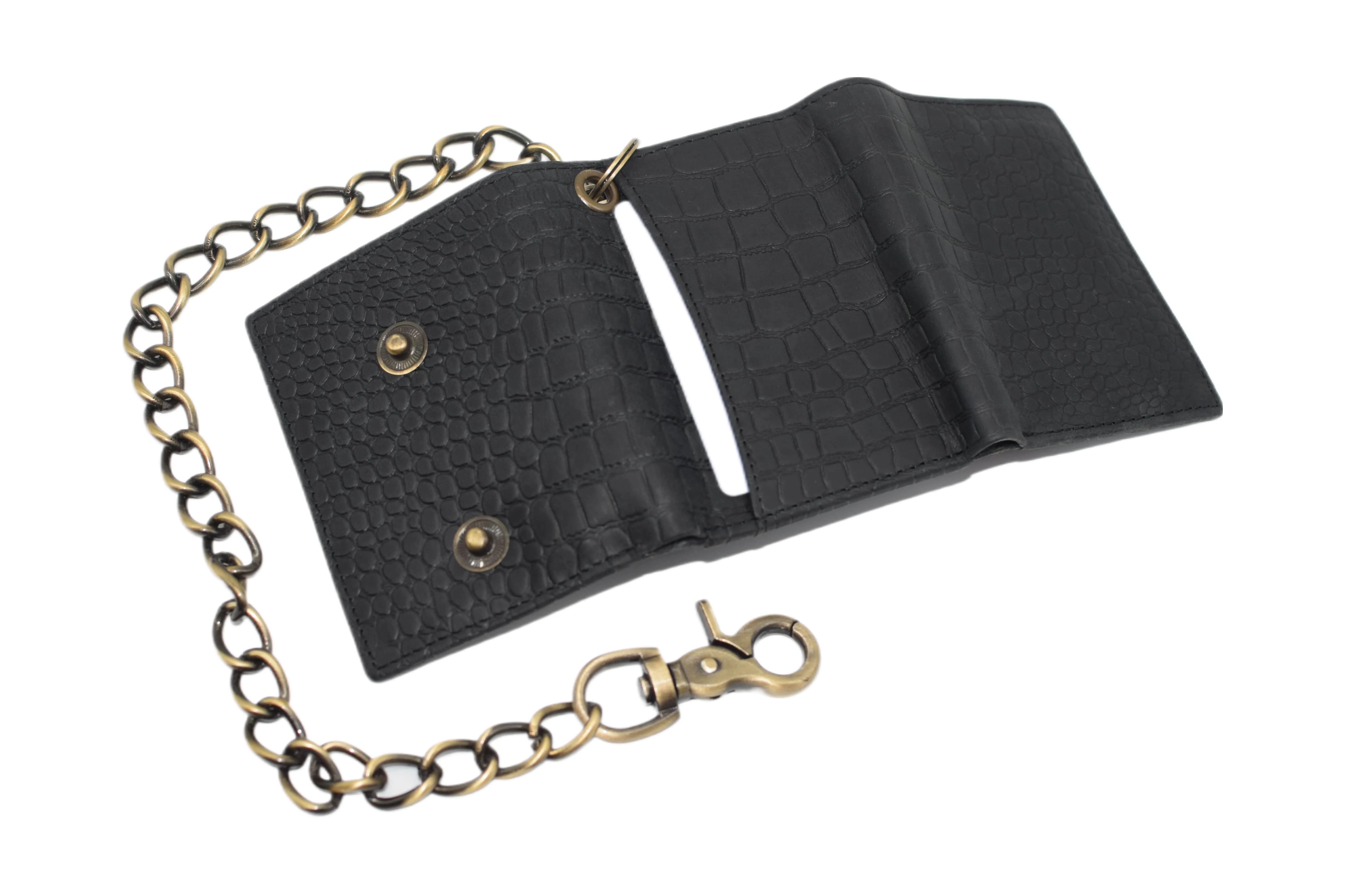 RFID0946HTC Men's RFID Blocking Trifold Vintage Leather Biker Chain Wallet With Snap Closure