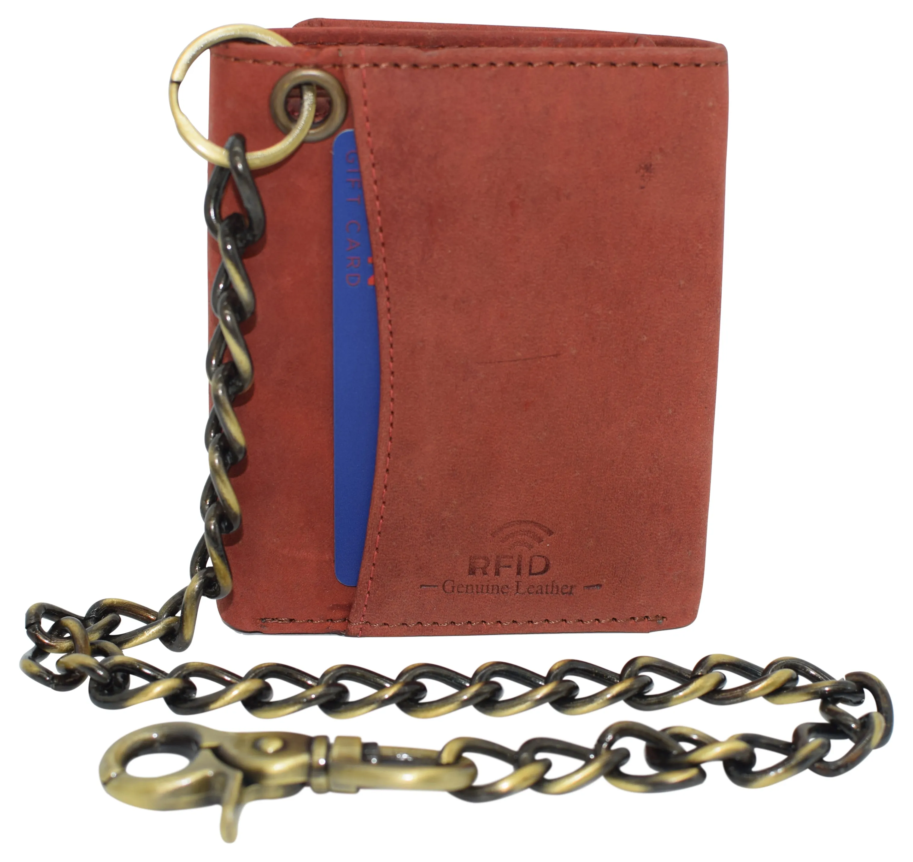 RFID0946HTC Men's RFID Blocking Trifold Vintage Leather Biker Chain Wallet With Snap Closure