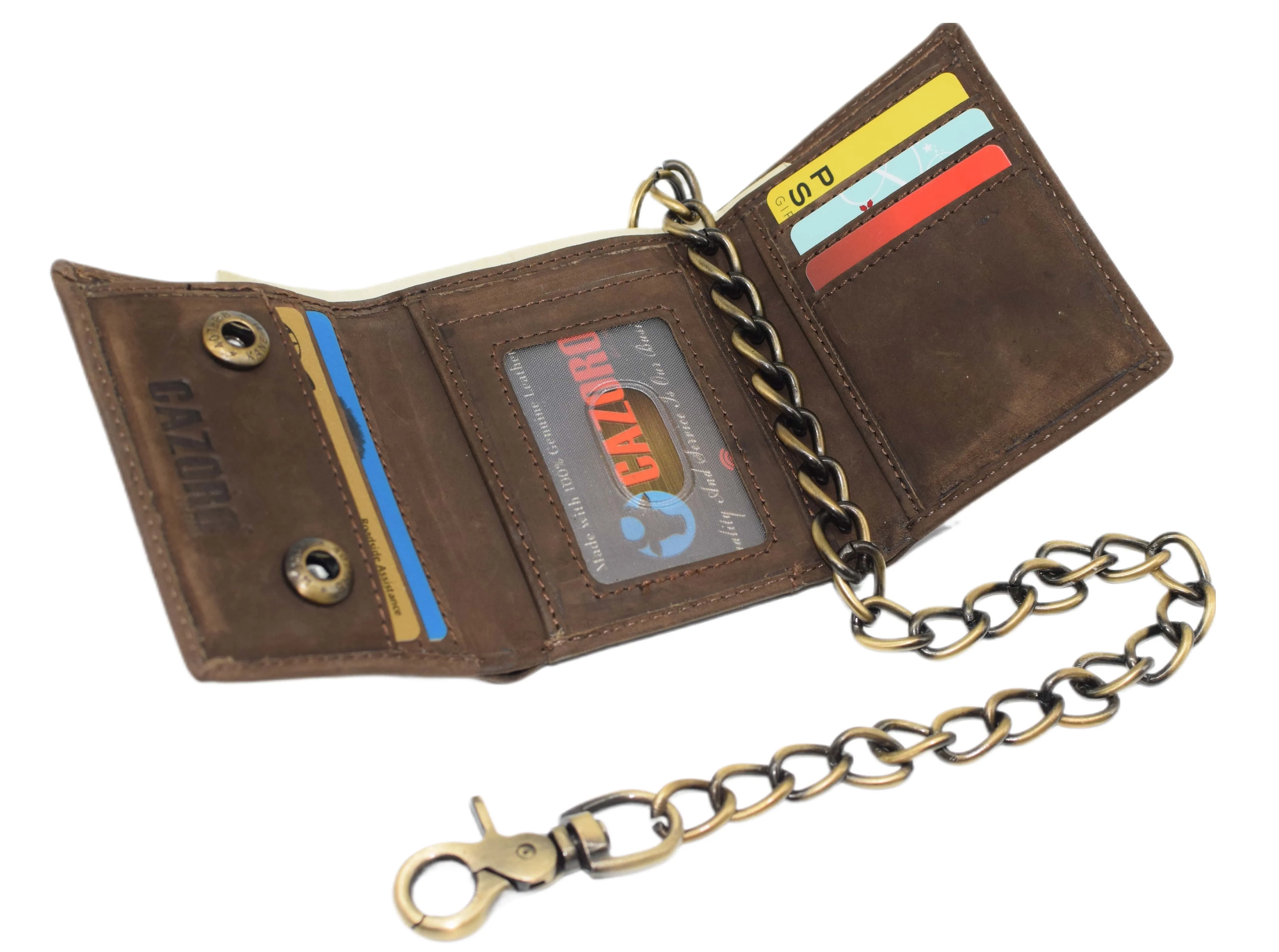 RFID0946HTC Men's RFID Blocking Trifold Vintage Leather Biker Chain Wallet With Snap Closure