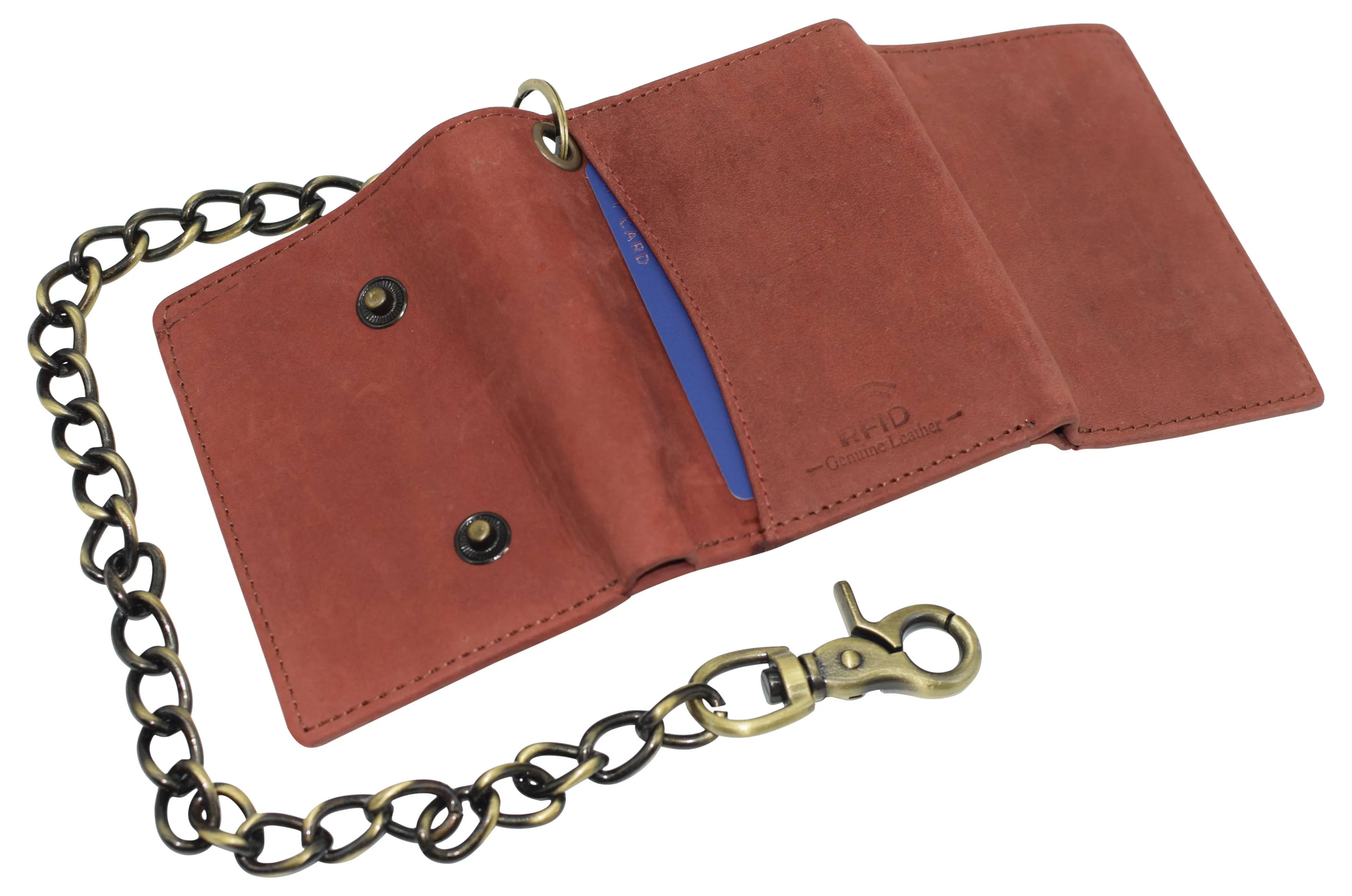 RFID0946HTC Men's RFID Blocking Trifold Vintage Leather Biker Chain Wallet With Snap Closure