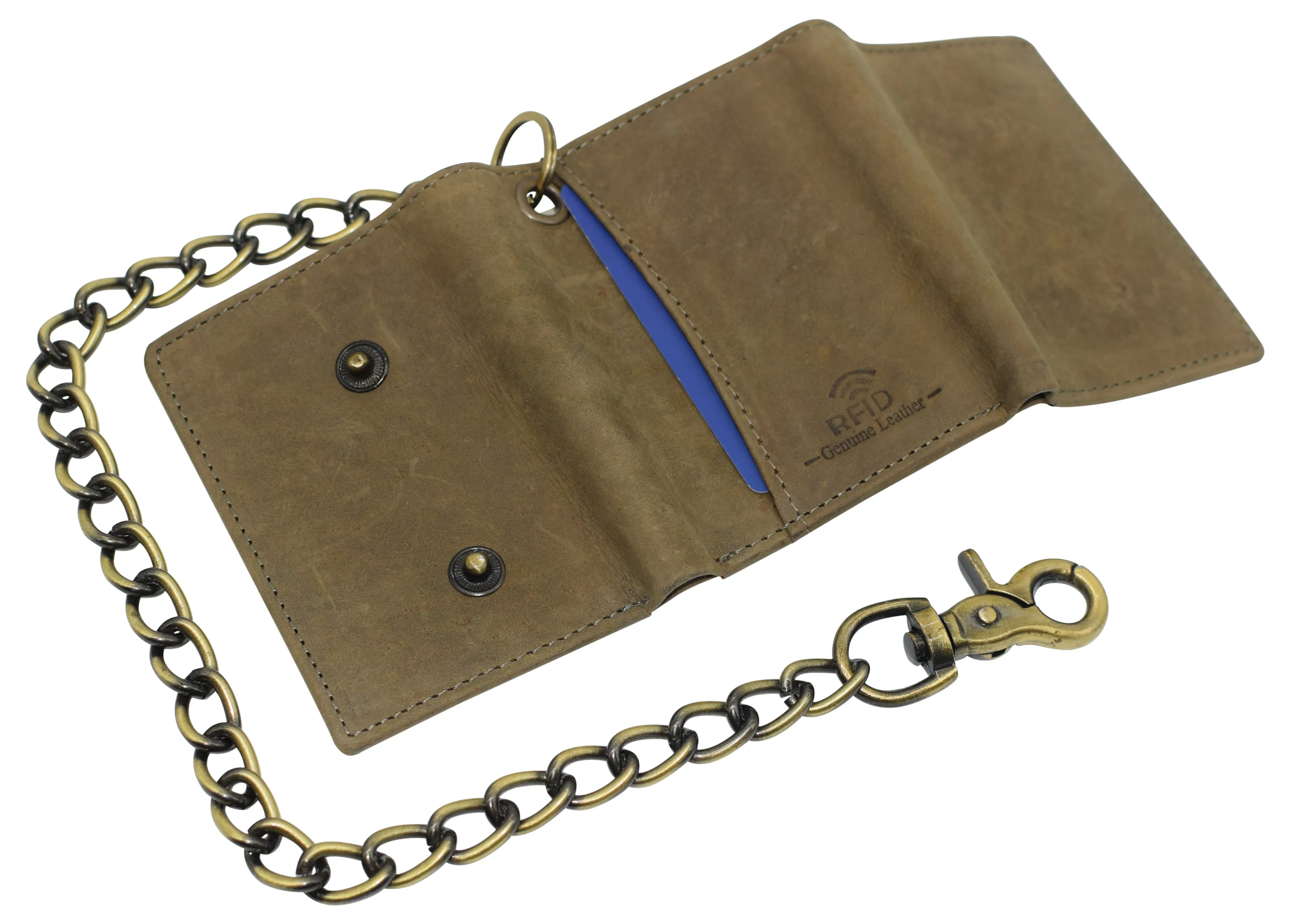 RFID0946HTC Men's RFID Blocking Trifold Vintage Leather Biker Chain Wallet With Snap Closure