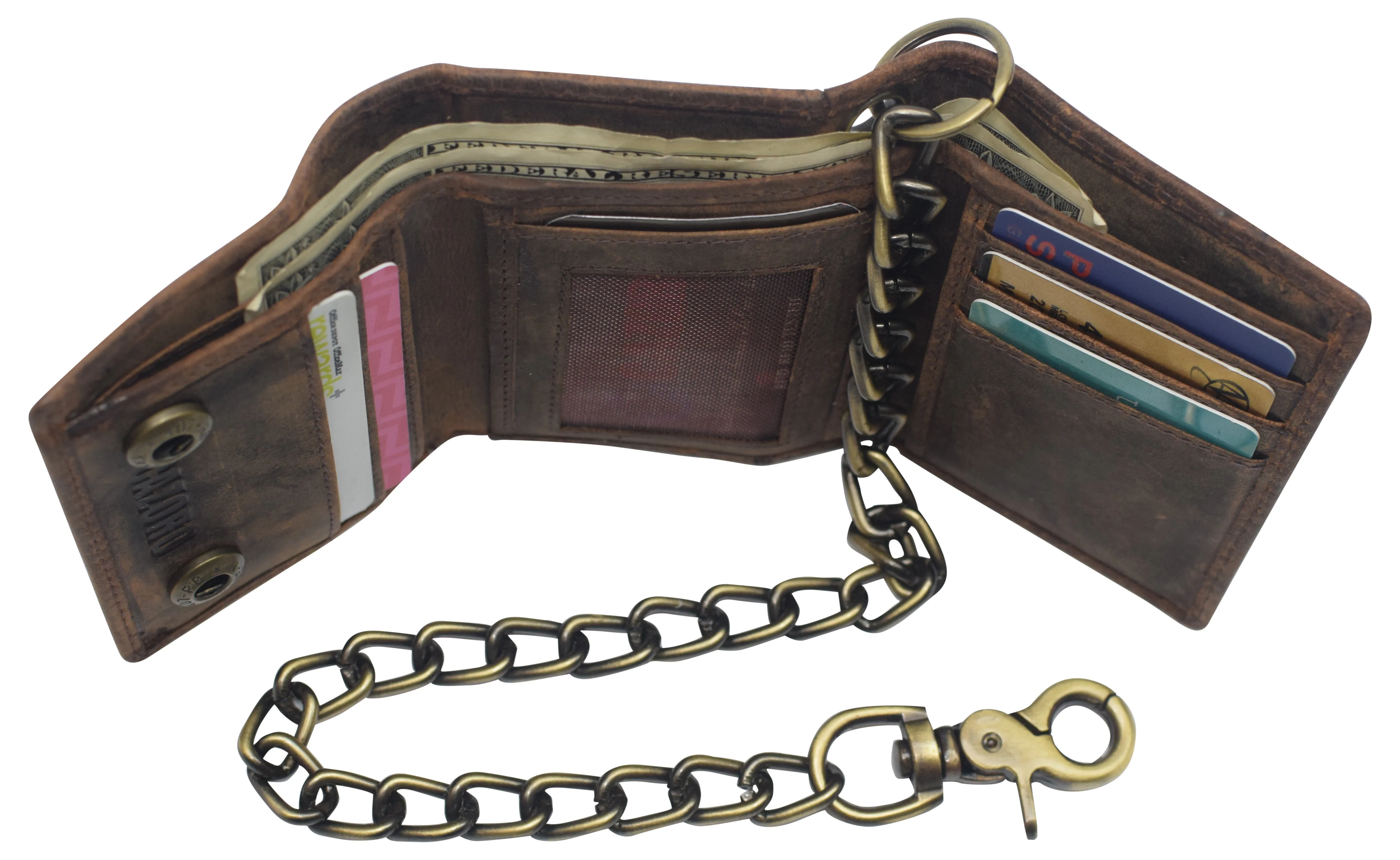 RFID0946HTC Men's RFID Blocking Trifold Vintage Leather Biker Chain Wallet With Snap Closure