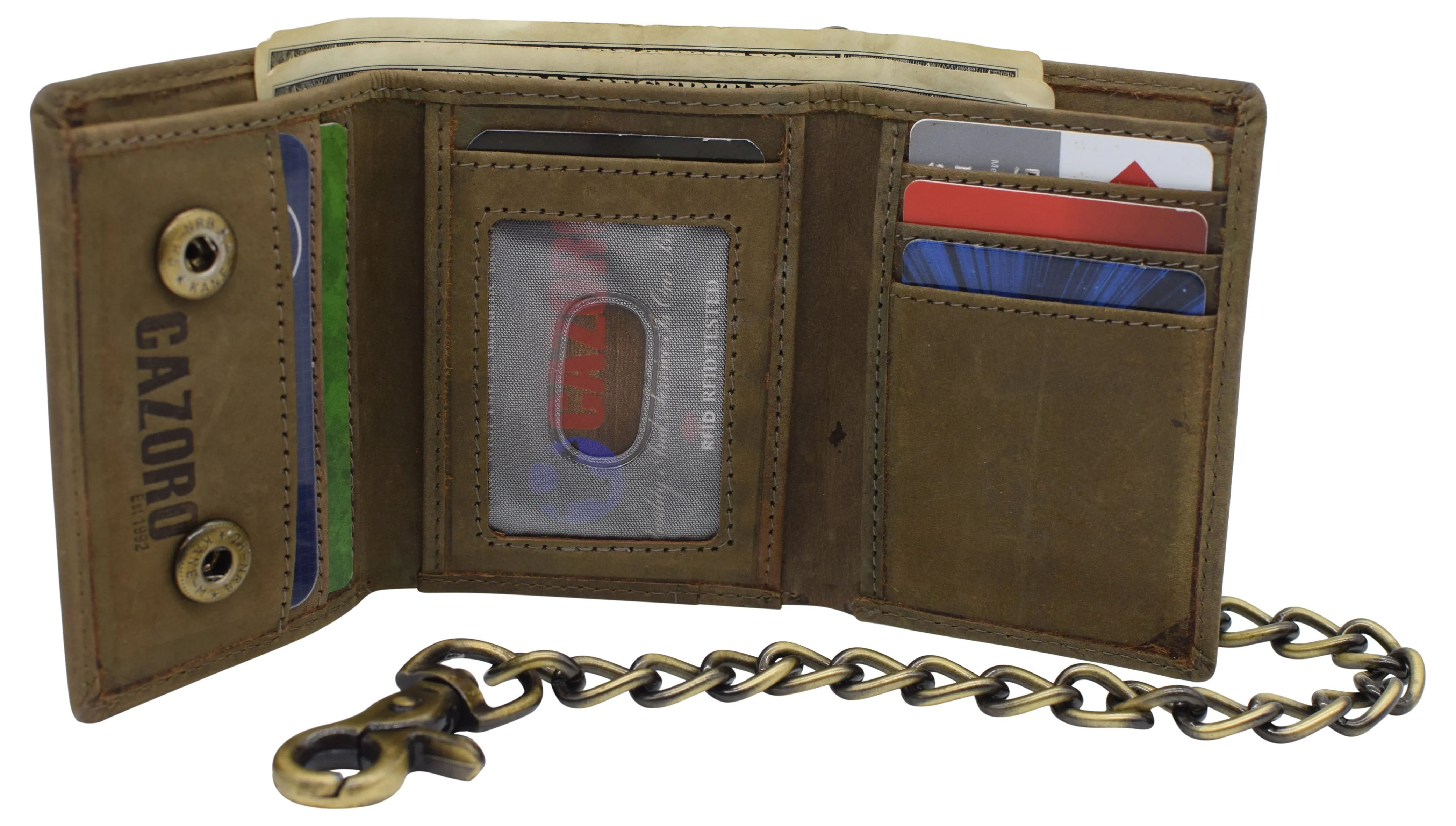 RFID0946HTC Men's RFID Blocking Trifold Vintage Leather Biker Chain Wallet With Snap Closure