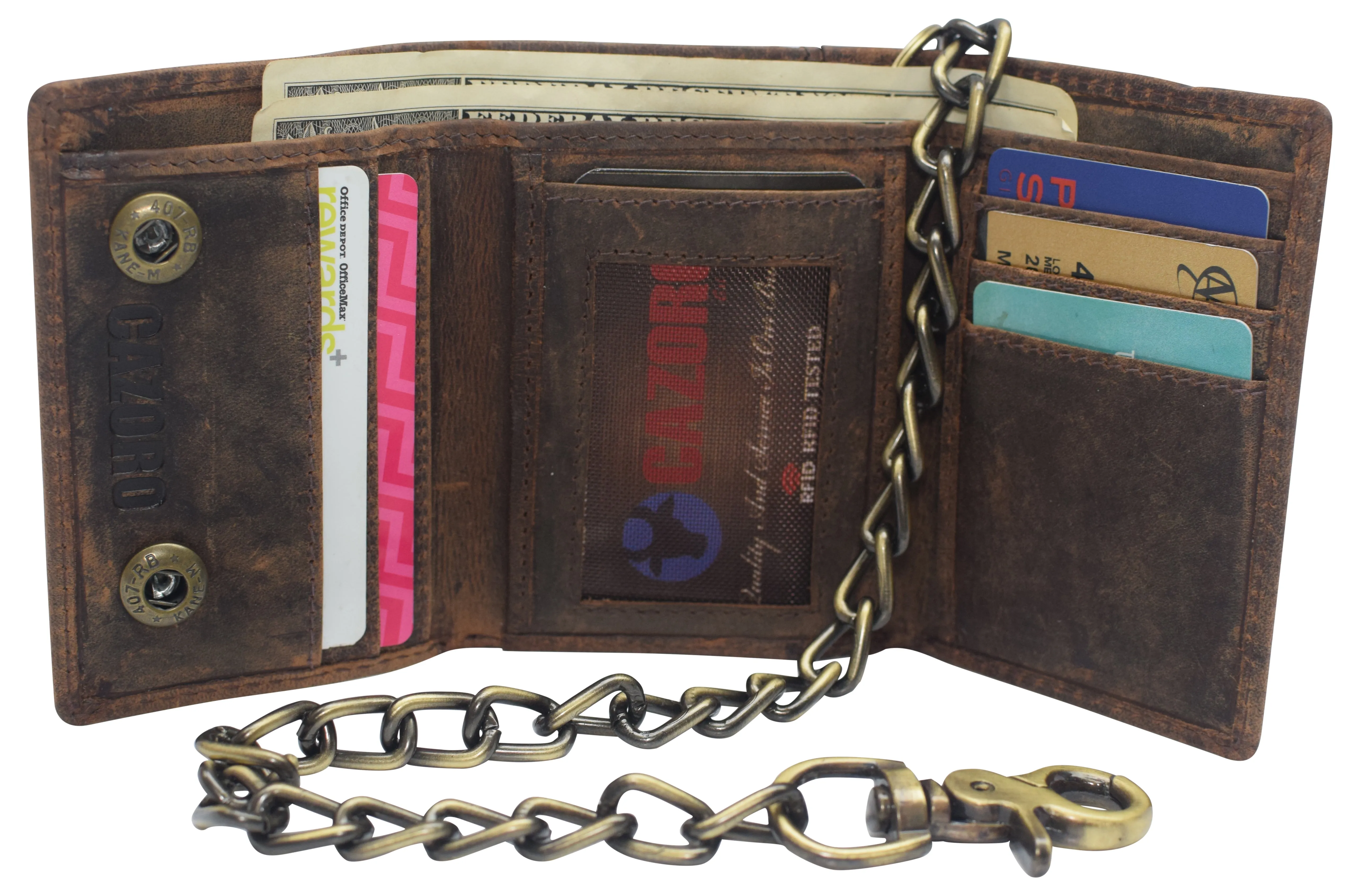 RFID0946HTC Men's RFID Blocking Trifold Vintage Leather Biker Chain Wallet With Snap Closure