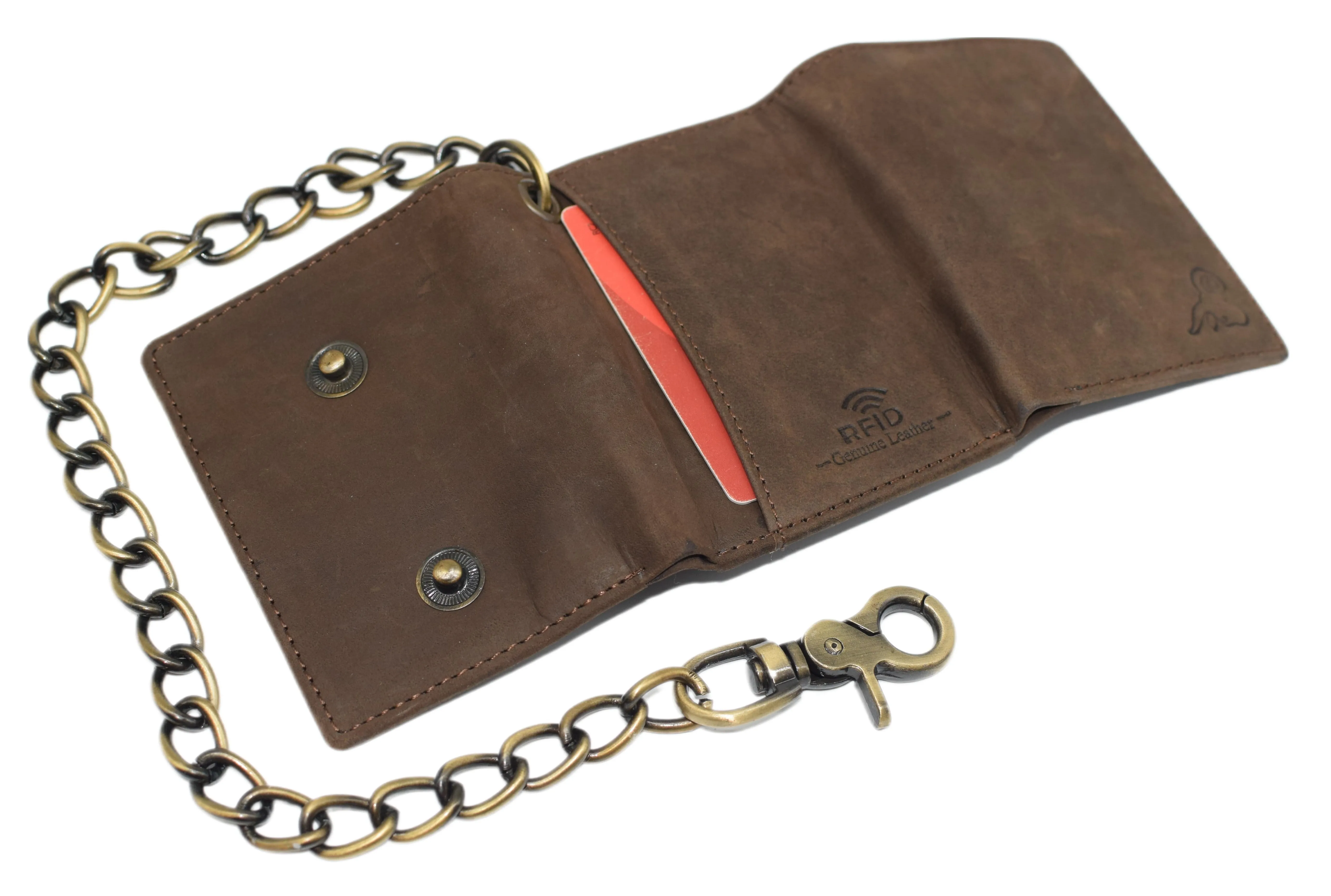 RFID0946HTC Men's RFID Blocking Trifold Vintage Leather Biker Chain Wallet With Snap Closure