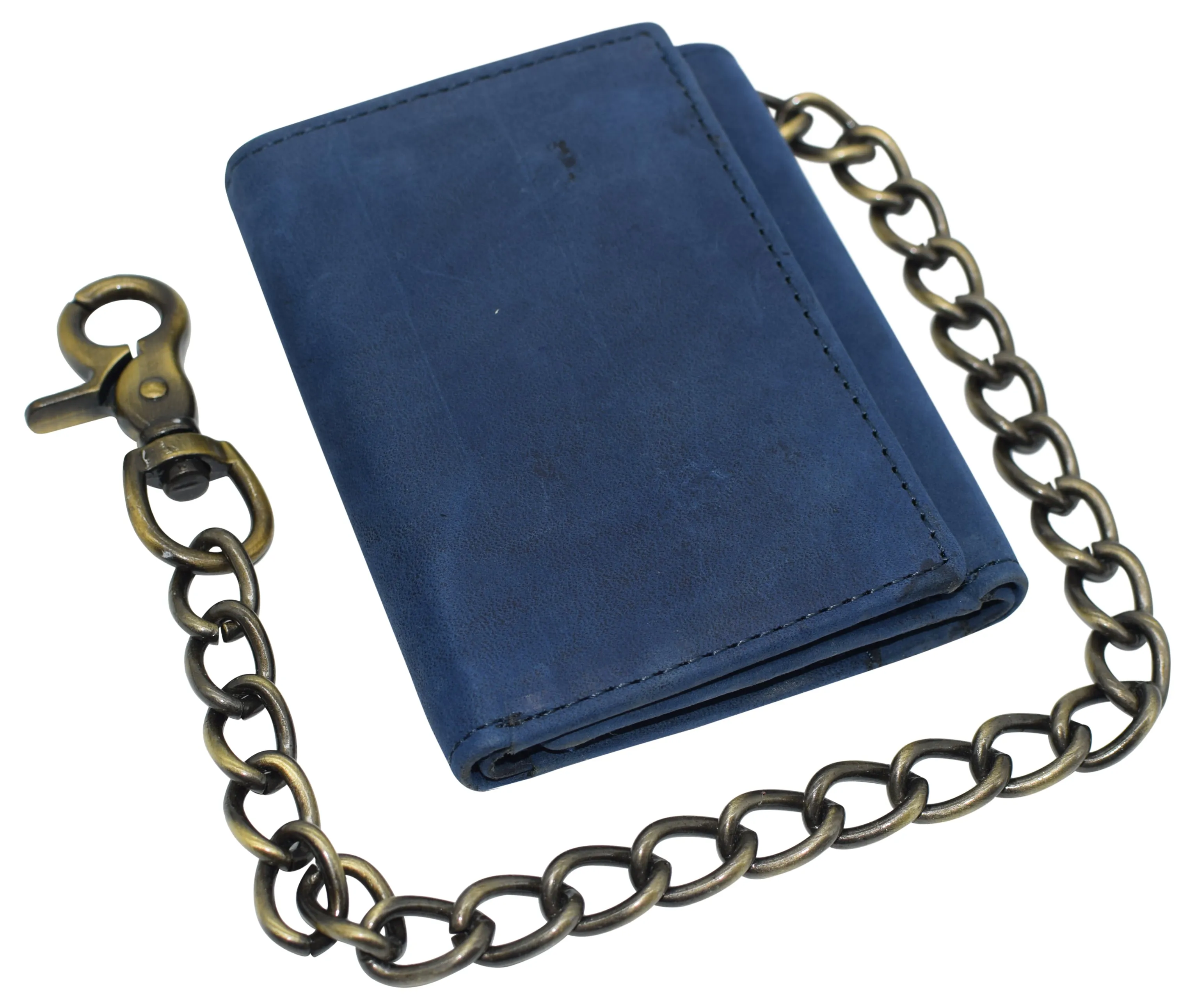 RFID0946HTC Men's RFID Blocking Trifold Vintage Leather Biker Chain Wallet With Snap Closure