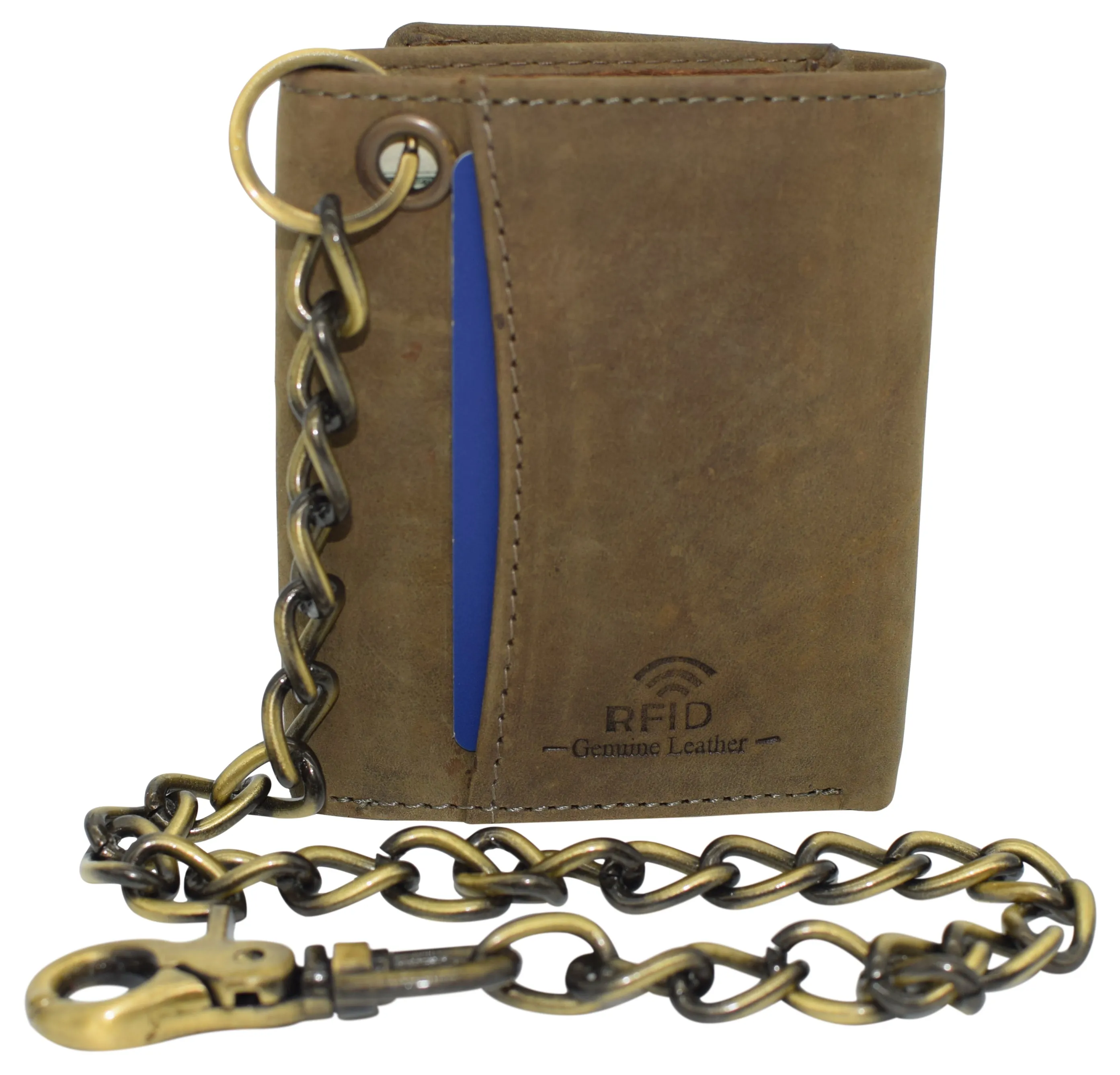 RFID0946HTC Men's RFID Blocking Trifold Vintage Leather Biker Chain Wallet With Snap Closure